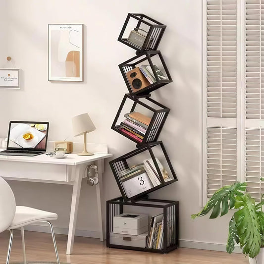 Geometric 5 Tier Bookshelf, Durable Black Metal Bookcase with Artistic Open Shelves, Tall Narrow SavingSpace Book Shelf for Living Room & Office