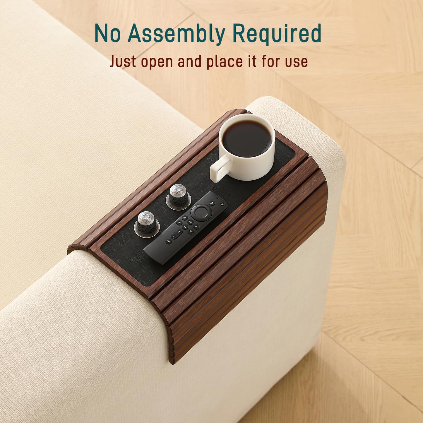 Bamboo Couch Arm Tray Table with Anti-Slip Cork Pad，Foldable Sofa Armrest Tray Table for Couch，Flexible Couch Arm Cup Holder，Portable Sofa Arm Chair Table for Drink, Snacks, Phone, Remote (Brown)