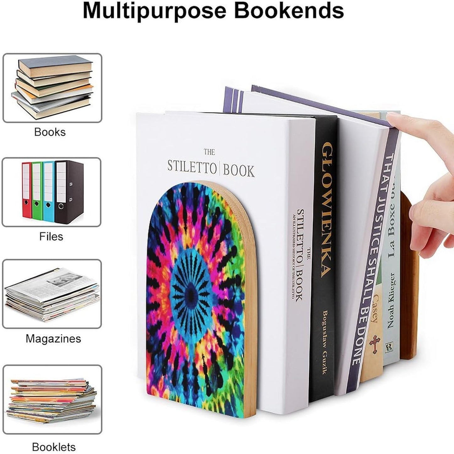 Non-Slip Bookend for Shelves Exotic Tribe Tie Dye Style Wooden Bookends with Metal Base Decorative Book Stopper for Home Heavy Duty Wood Book Storage for Books/CDs