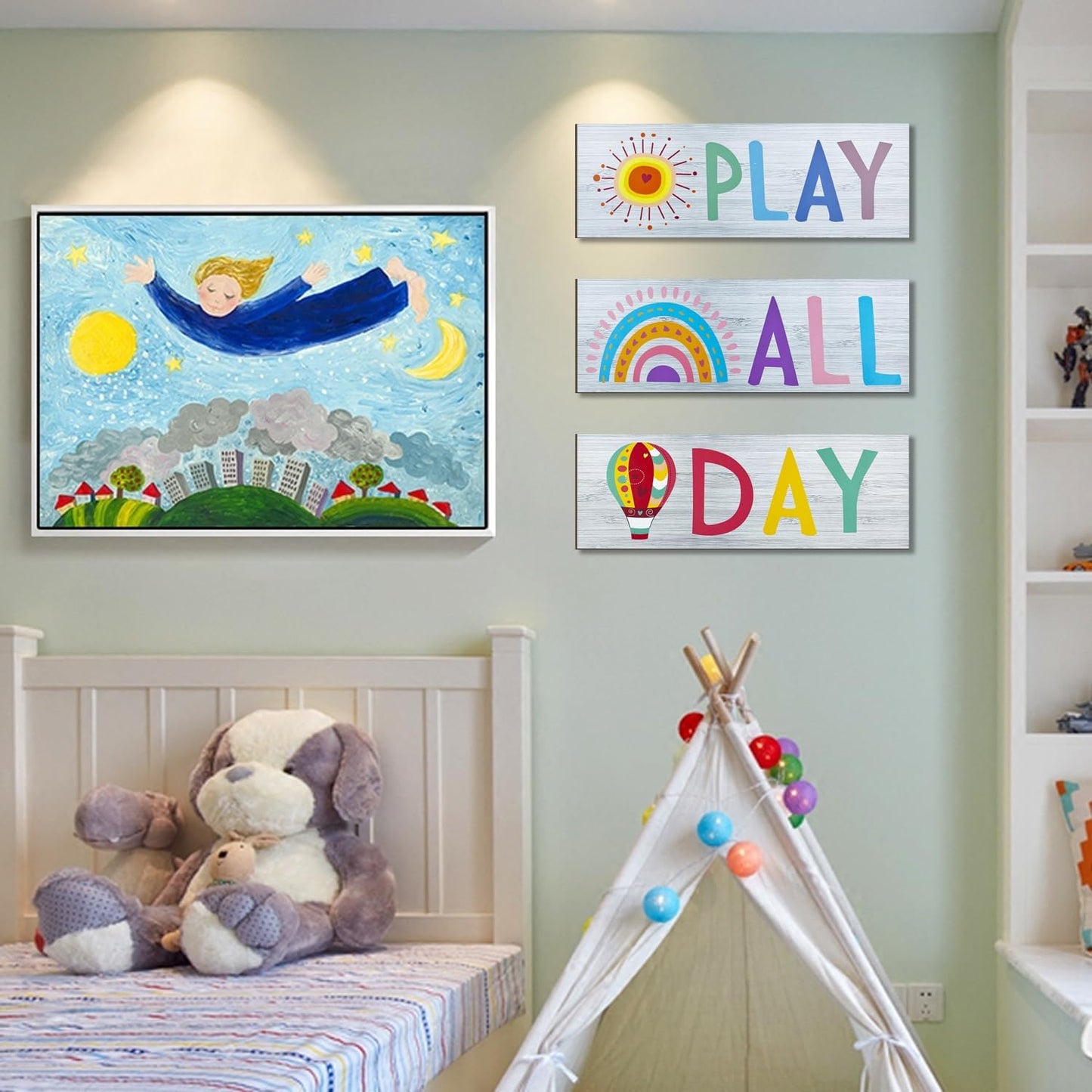 JEKEJIAJIU Play All Day Sign Play All Day Wall Decor Playroom Decor Word Art Wall Decor Kids Plaques Room Decor Reading Book Nook Children Quotes Wall Decor Home Decor