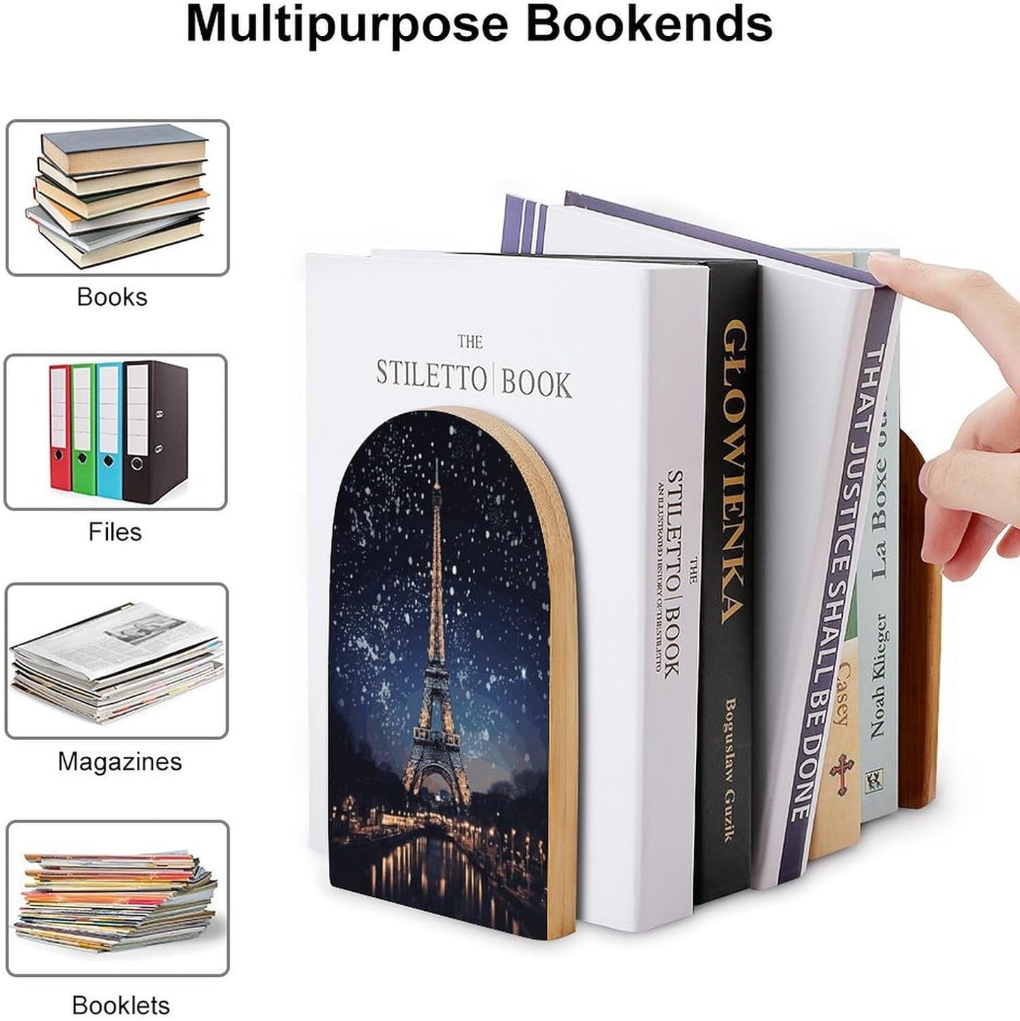 Night Paris Eiffel Tower Bookend for Shelves Wooden Book End Large Size Sturdy Book Holders Stoppers with Metal Base for Bookshelves Slick Decorative Bookends Stands