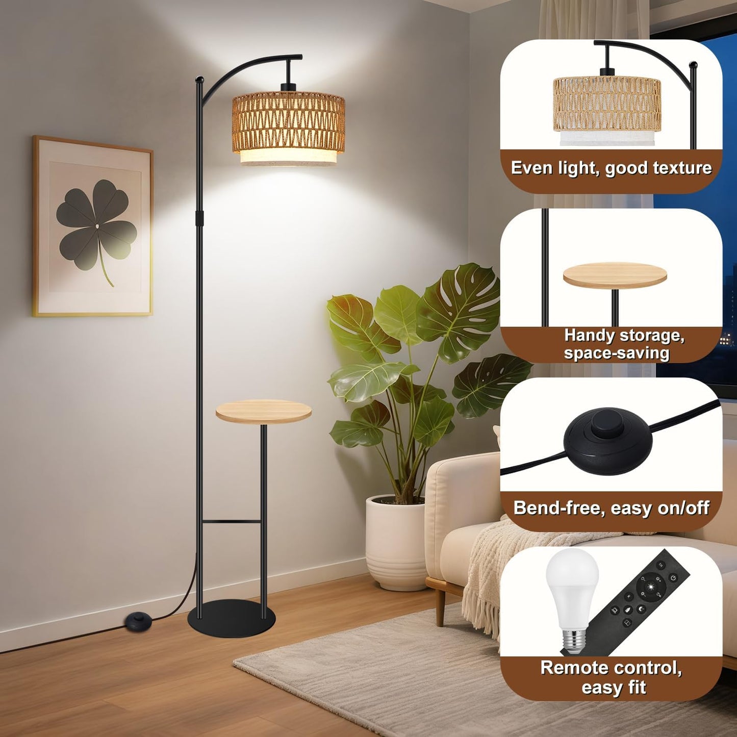Arc Floor Lamp with Table, Boho Rattan Floor Lamps for Living Room with Remote Dimmable 3 Color Temperature, Wicker Standing Lamp Double Lampshades,Rustic Tall Lamps for Bedroom Office Corner