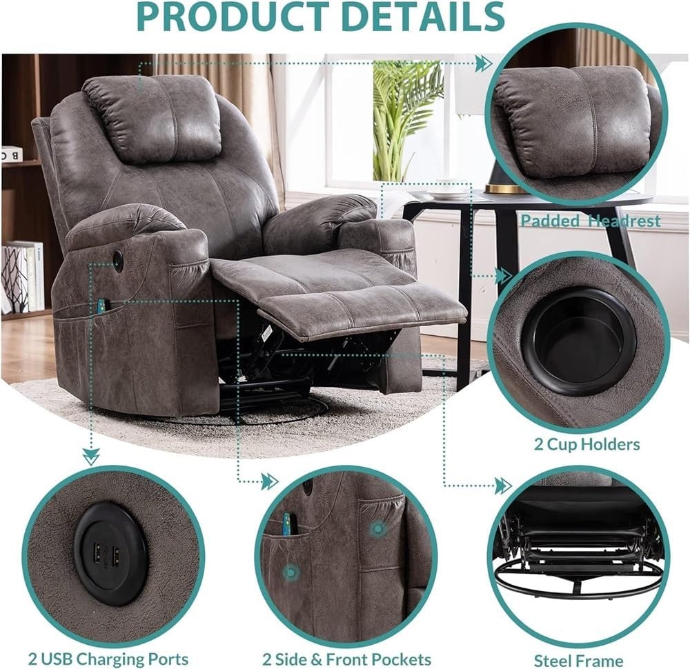 Gray Electric Swivel Rocker Recliner Chair with Massage and Heat, 360° Glider Recliner for Adults with Cup Holders Remote Control USB Ports, Heated Reclining Lounge Chair