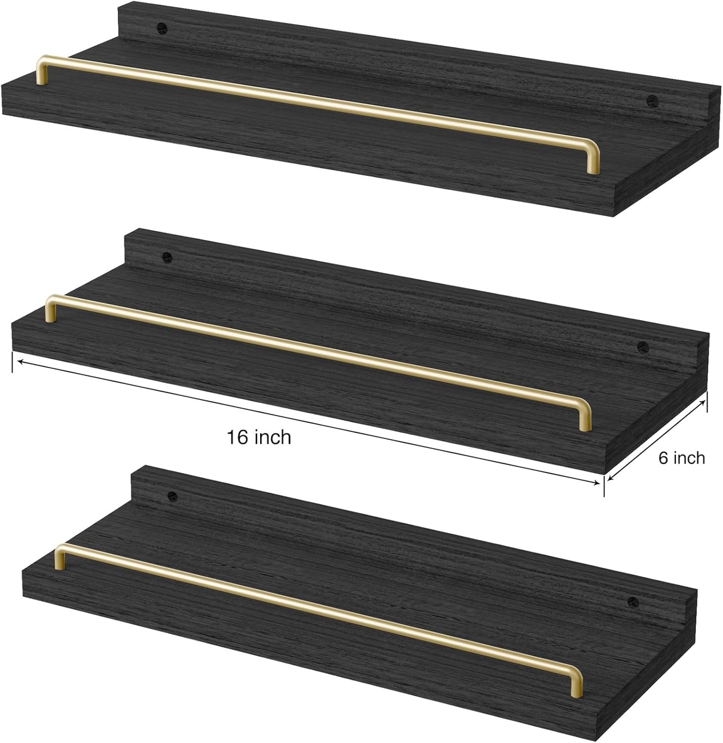 Floating Shelves for Wall Decor, Black and Gold Shelves for Bathroom, Living Room, Bedroom, Picture Frames, Plants, Kitchen (Set of 3)