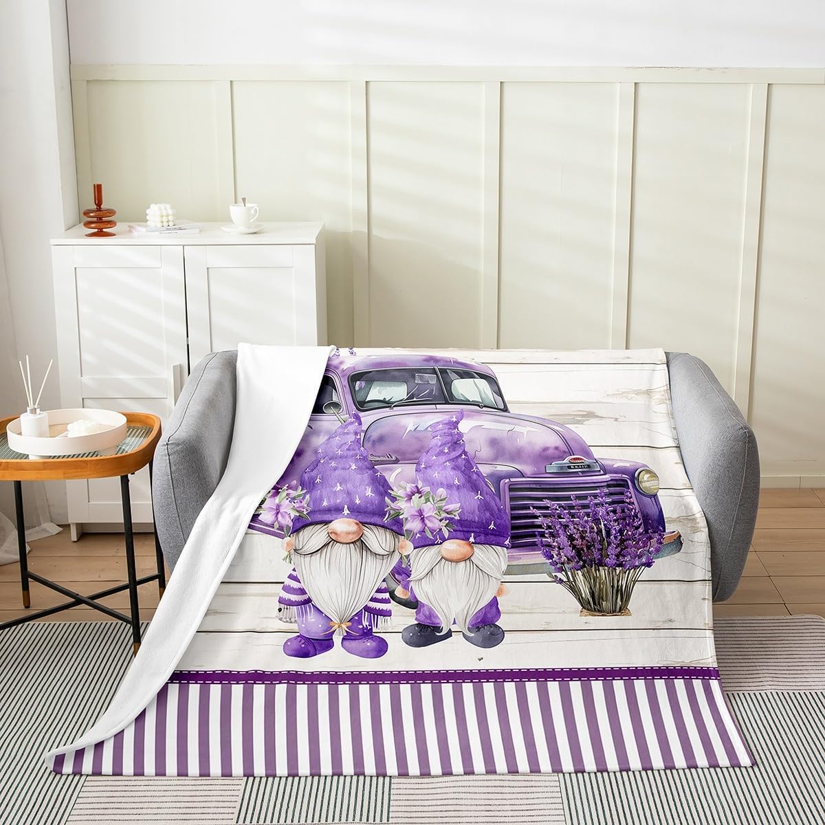 Purple Car Gnomes Fleece Blanket,Lavender Flower Plant Plush Blanket for Kids Teens,Lovely Room Decor,Purple Stripe Geometric Flannel Blanket,Twin 60"x80"