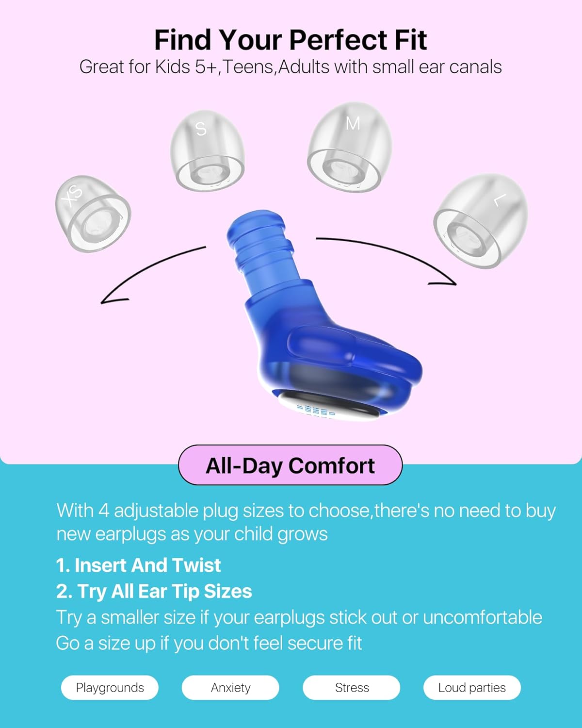 Kids Ear Plugs (6–12 Years), Reusable Silicone Noise Reduction Earplugs for Kids & Adults with Small Ears, 26dB Hearing Protection for Noise Sensitivity, Focus, Travel, Concerts, 4 Sizes + Carry Case
