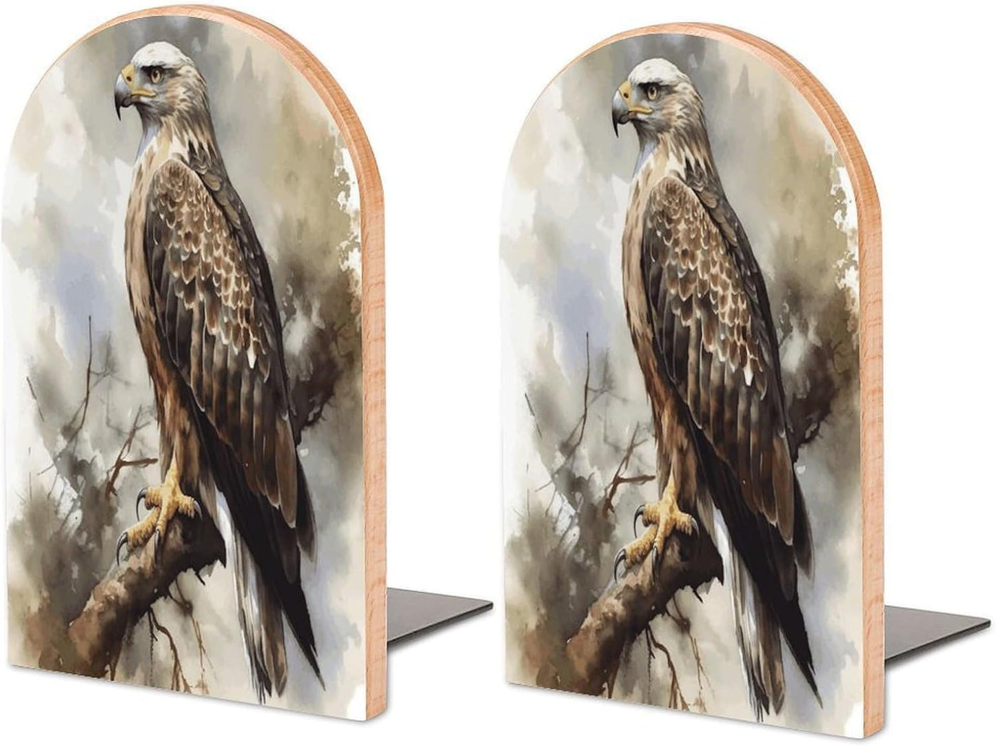 Watercolor of Hawk Sitting in The Tree Bookend for Shelves Wooden Book End Large Size Sturdy Book Holders Stoppers with Metal Base for Bookshelves Slick Decorative Bookends Stands