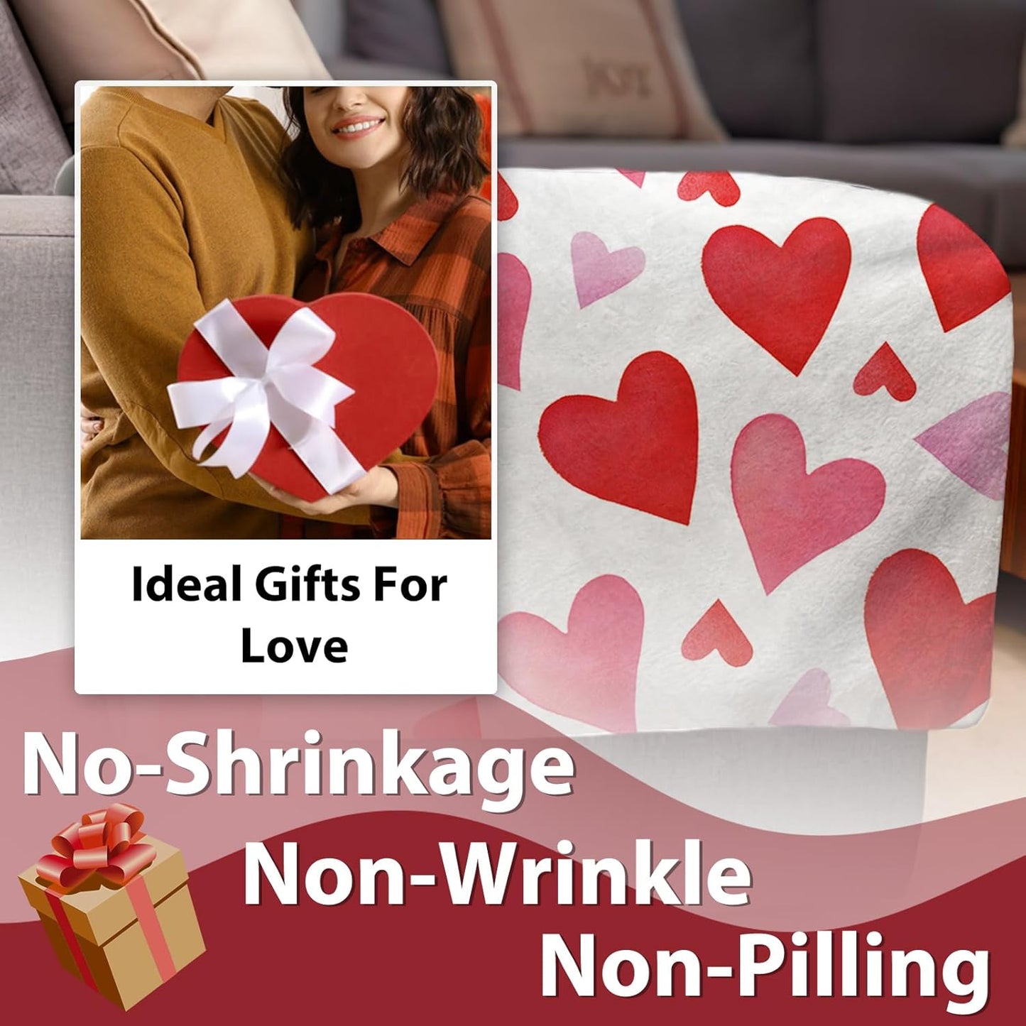 Valentines Day Flannel Throw Blanket, Pink Red Love Heart Anniversary Wedding Birthday Gifts for Women Girlfriend Wife Lover, Romantic Soft Blanket for Bedding Sofa 50" x 60"