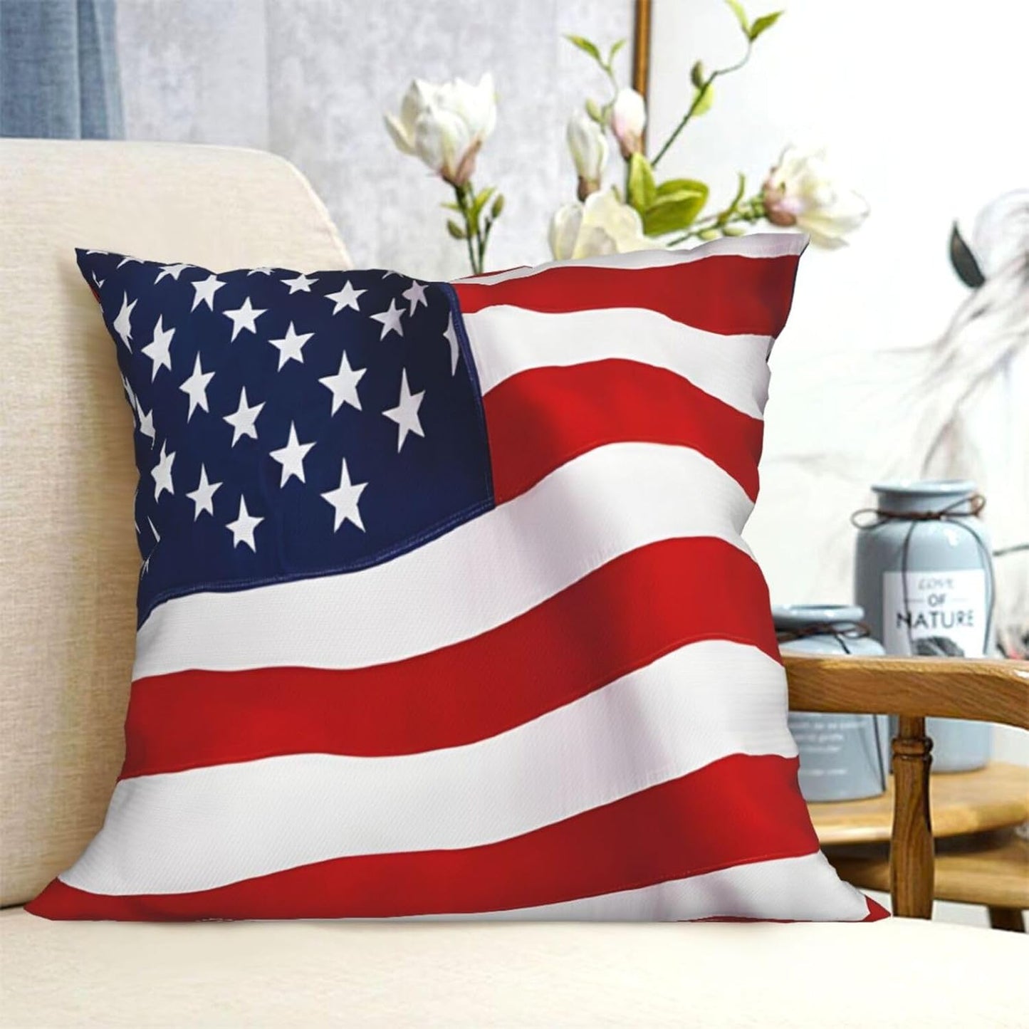 All-Season Square Pillow Covers 18"X18", Flag Patriotic, Decorative Throw Pillow Covers for Sofa Bed Couch, Hidden Zipper Cushion Cover, Square Lumbar & Accent Pillowcases for Home Decor