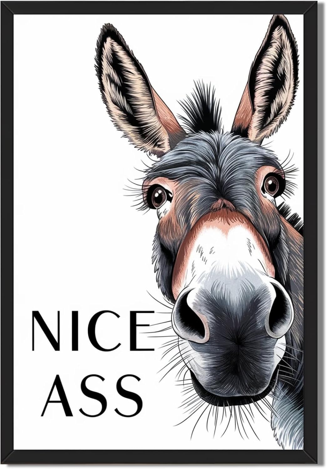 Framed Black and White Donkey Decor Bathroom Wall Art Nice Ass Funny Donkey in Bathroom Picture Poster Fun Animal Canvas Print Farmhouse Humor Wall Decor for Home Washroom Toilet 24X36inch