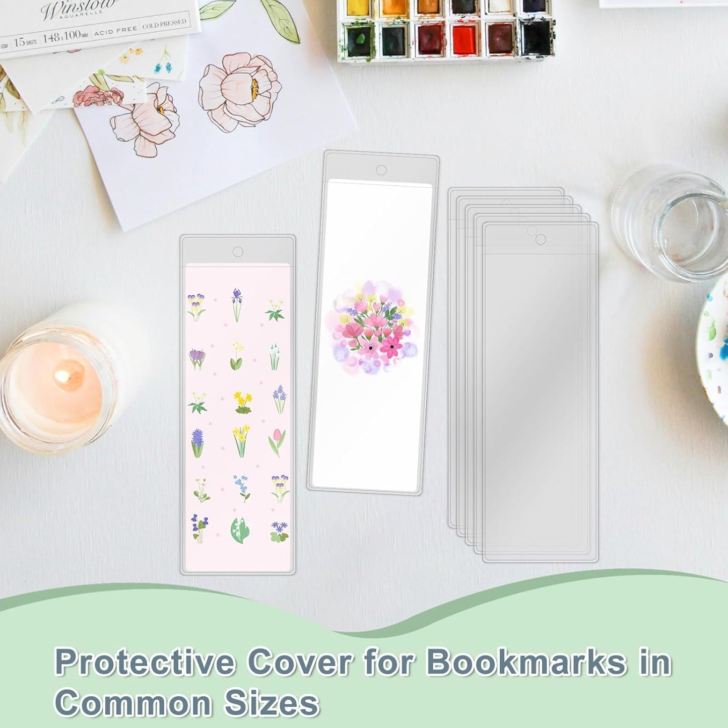 100 Pack Bookmark Sleeves Clear, Plastic Holders for 5.5 x 2 Inches Bookmark Bulk, Blank Cover for Photo Booth, Reading and Office Use