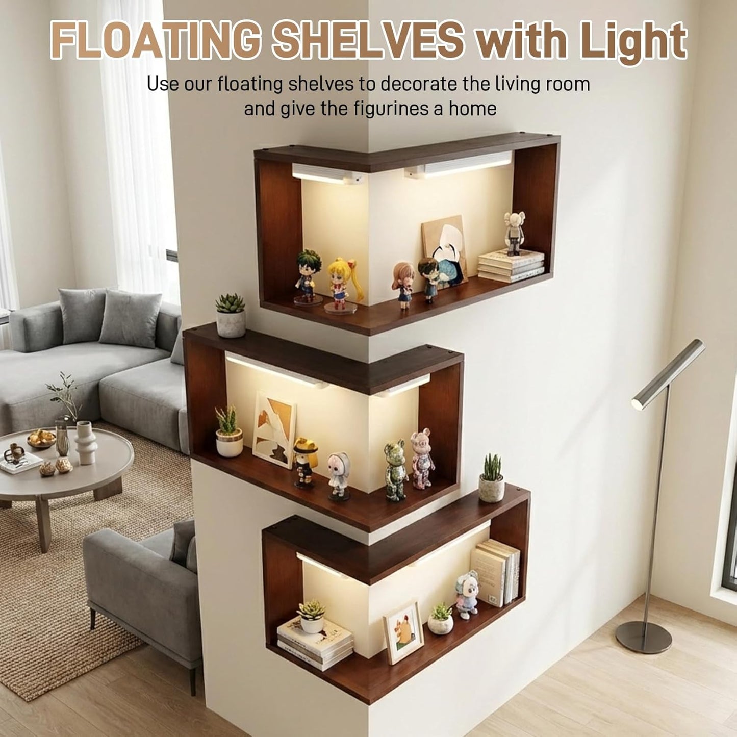 Floating Corner Shelves with Light, Set of 3 Corner Floating Storage Shelves for Living Room Bedroom Office Kitchen, Space-Saving (Including 6 LED Lights)