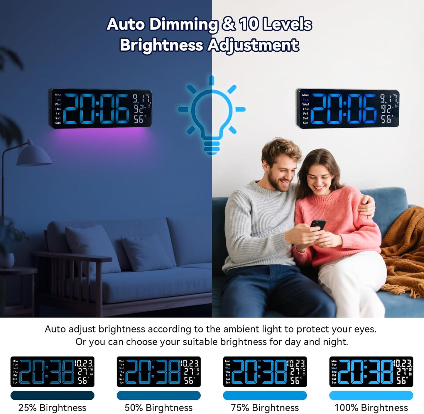 Digital Wall Clock Large Display, 17.3" Digital Clock with RGB Color Remote Control, Auto-Dimming Big Wall Clock with Night Light,Auto DST,Date Week,Temp for Home Decoration, for Elderly (Blue)