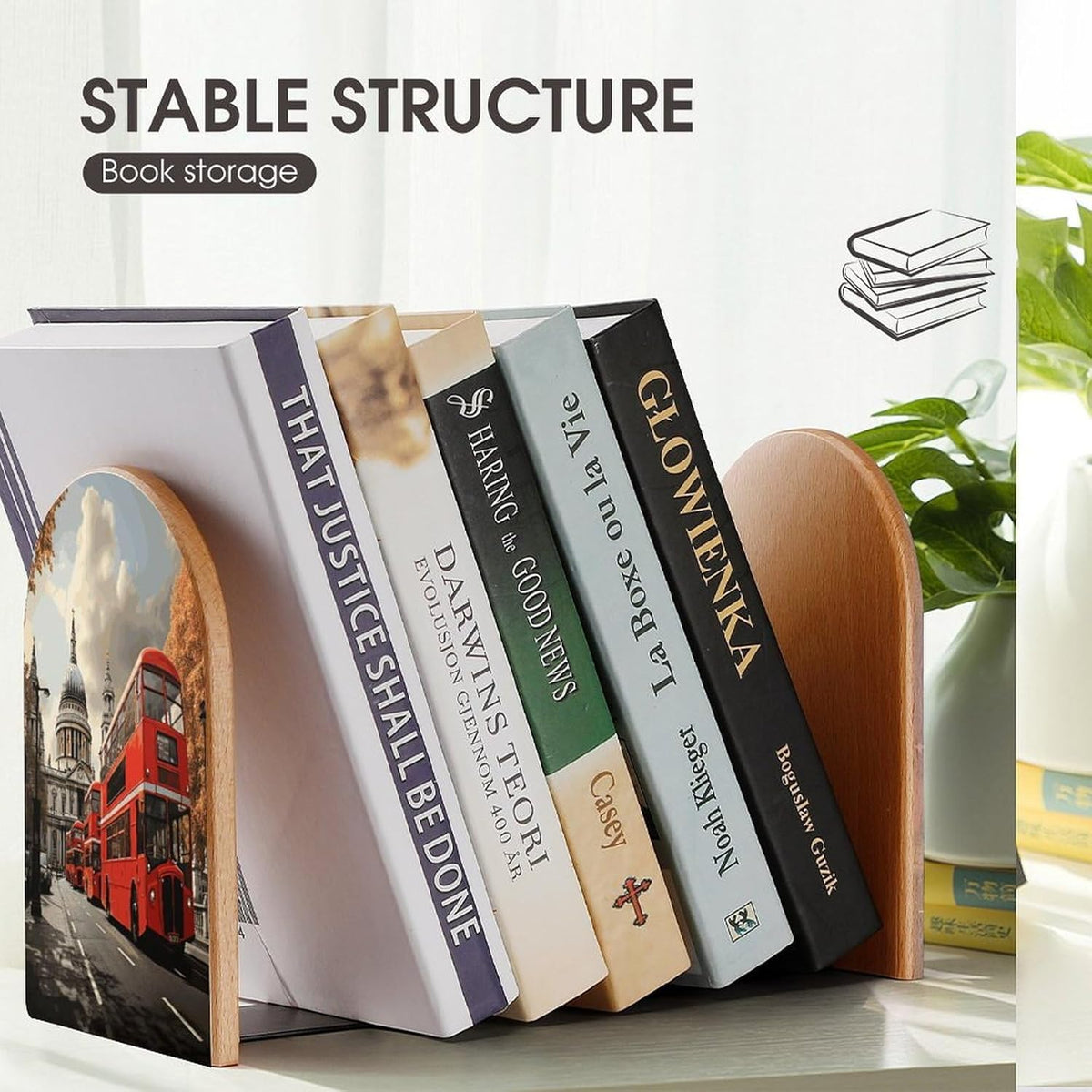 Red Bus Wooden Bookend Non-Slip Book Ends Heavy Duty Book Stopper with Metal Base Books Holderd Decorative Bookends Stands Firmly for Office Supplies