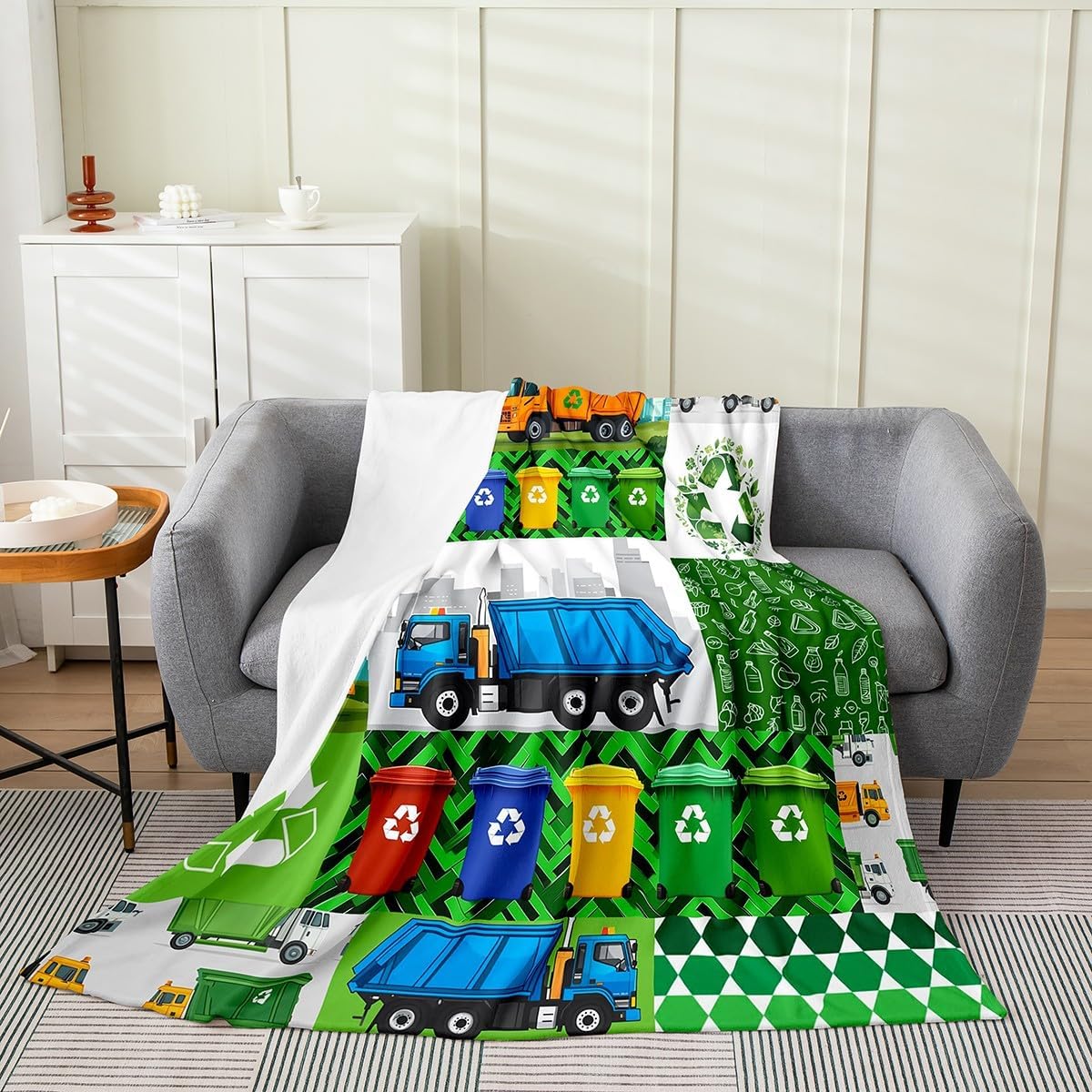 Garbage Truck Flannel Blanket 40"x50" Warm Lightweight,Cartoon Car Waste Truck Bed Sofa Couch Blankets,Trash Can Patchwork Fuzzy Blanket Room Decor,Green Blue Breathable Flannel Plush Blanket