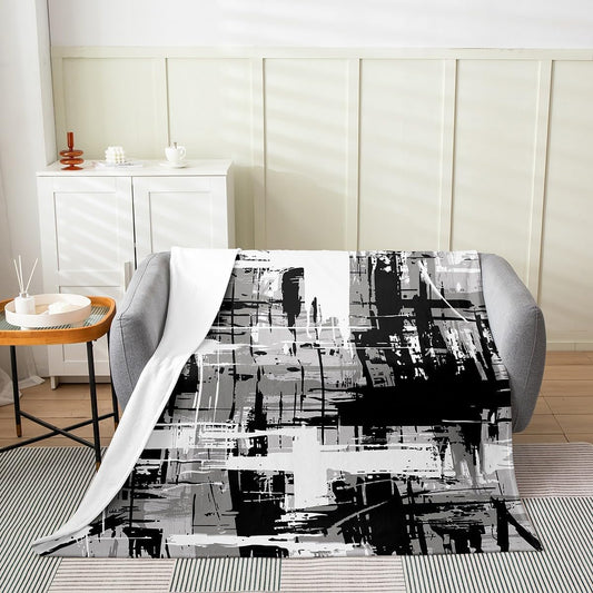Abstract Fleece Blanket,Black and Gray White Hippie Graffiti Paint Throw Blanket for Sofa Adults,Modern Artistic Brush Smear Soft Blanket Bed Couch,Queen (90 x 90 Inches)