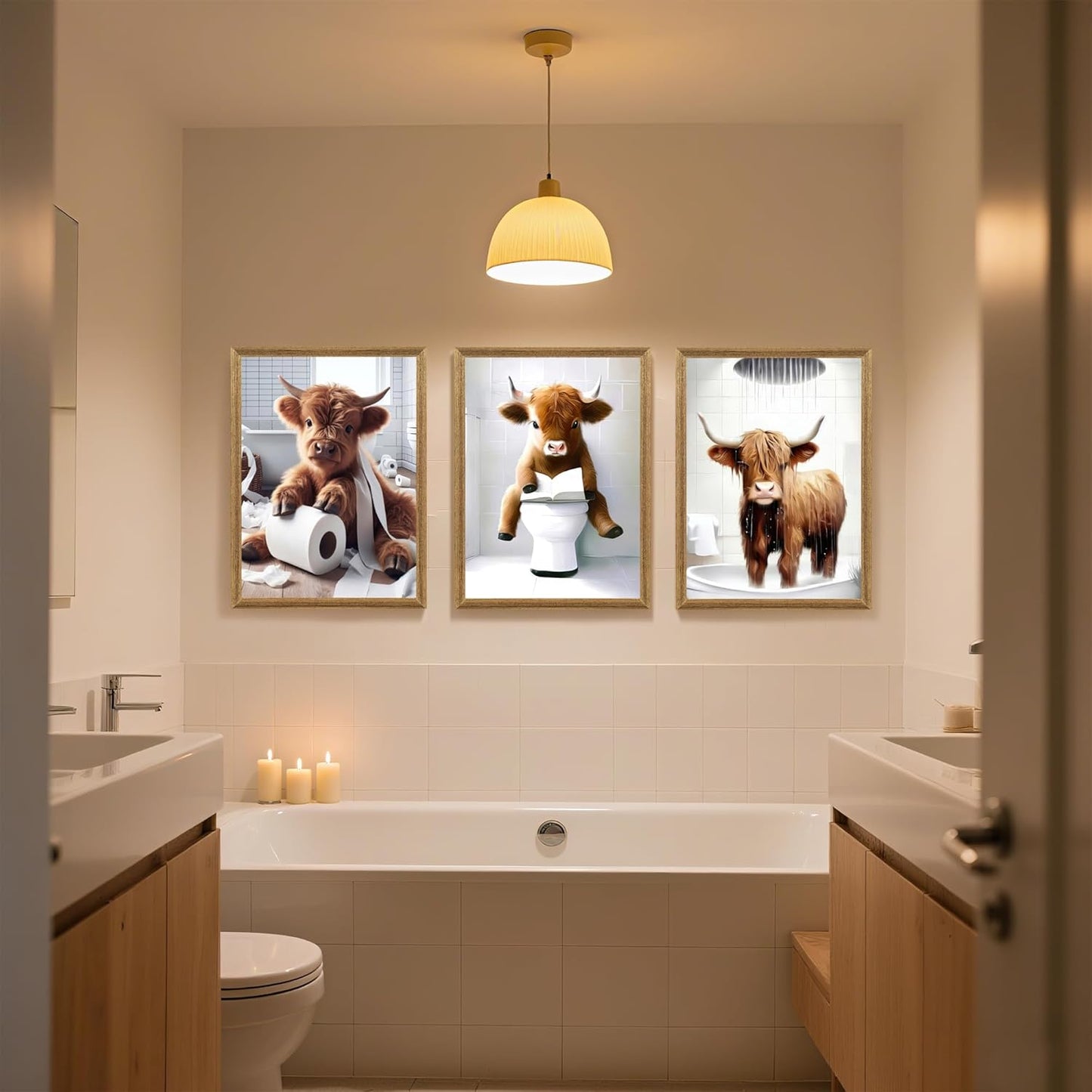 FYLDPSB 3Pcs Framed Little Highland Cow Bathroom Canvas Wall Art, Funny Signs Animal Wall Decor, Rustic Cute Poster Prints for Bathroom Restroom Decor 24''L x 16''W