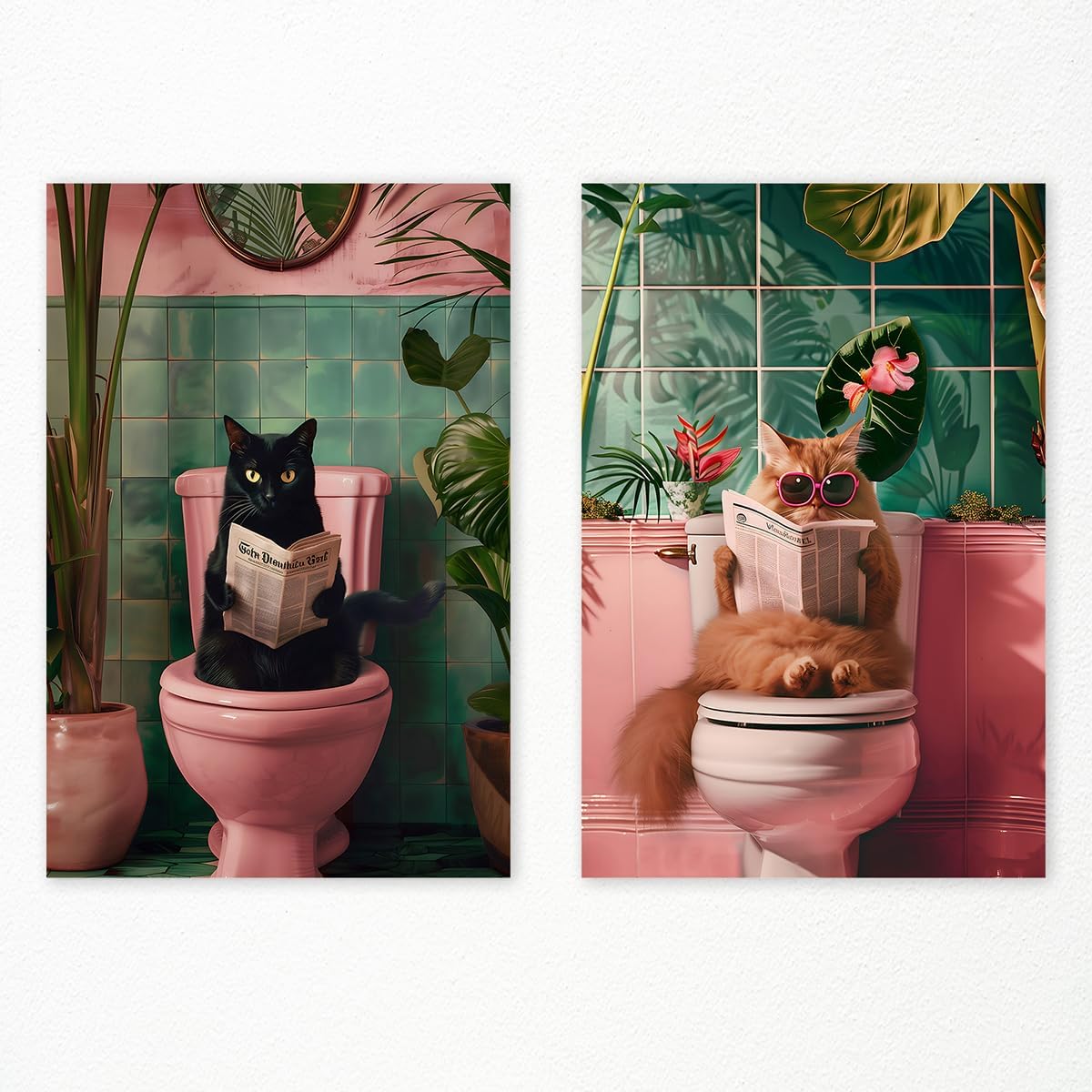 perasi Set of 2 Funny Bathroom Canvas Wall Art, Trendy Cat Reading on Pink Toilet Poster, Black Cat Read Newspaper Bathroom Pictures for Wall, Animal Green Botanical Restroom Print 8x12in Unframed