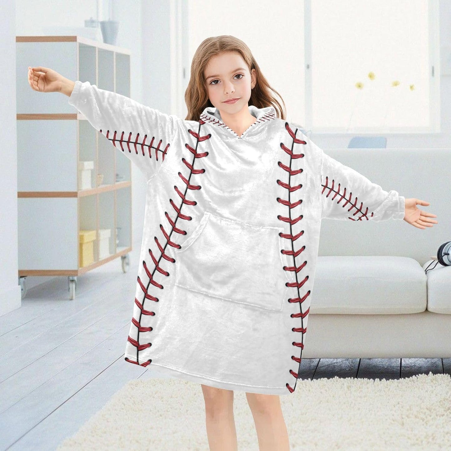 YETTASBIN Baseball Seams Wearable Blanket Hoodie for Kids, Oversized Soft Cozy Flannel Sweatshirt Blanket with Pocket