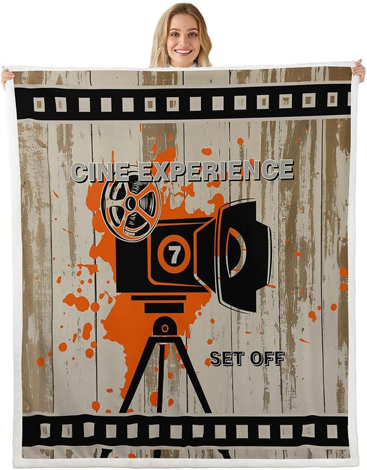 Vintage Cinema Poster Throw Blankets,Movie Theater Fleece Blanket,Kids Girls Boys Adult Film Camera Pattern Fuzzy Blankets Rustic Wooden Print Sherpa Blanket Chair Sofa Bed Decor,30"×40"