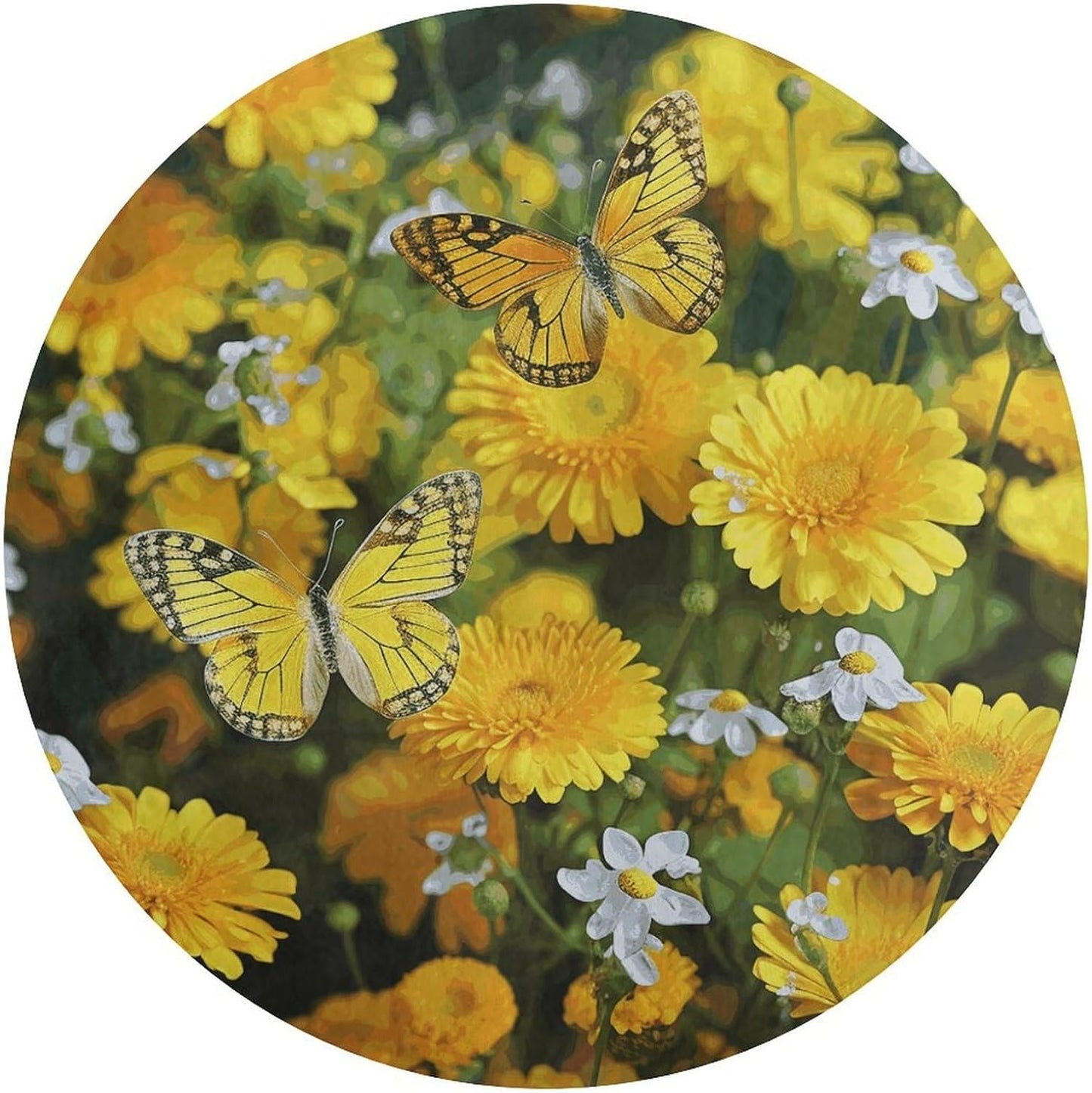 Yellow Butterfly and Yellow Daisies Circle Rug Retro Luxury Coral Velvet Floor Mat Non Slip Soft Indoor Floor Carpet Comfy Thickened Area Rugs Modern Aesthetic Minimalist Carpets for Home Decor
