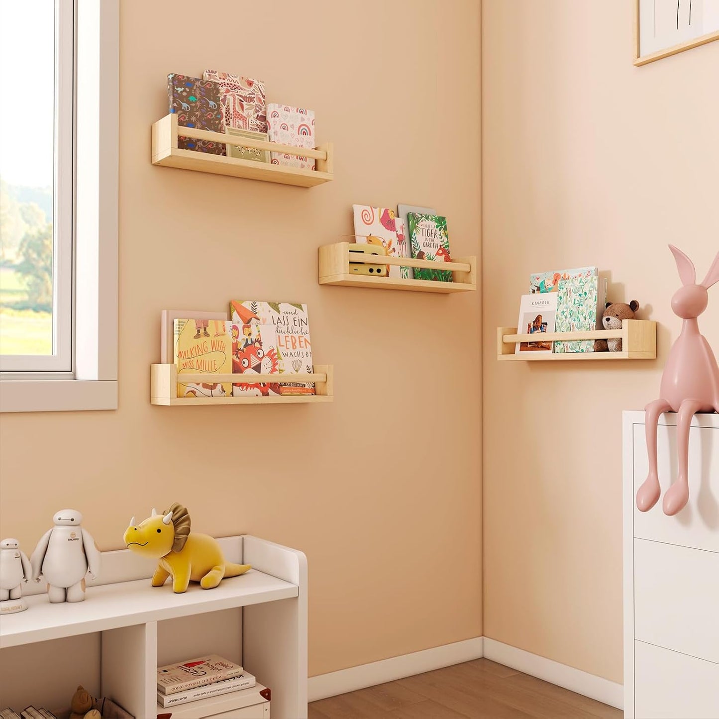 Nursery Shelves, Floating Bookshelves for Wall Set of 4, Baby Nursery Decor, Solid Wood Wall Mounted Shelves for Books (Natural Wood)