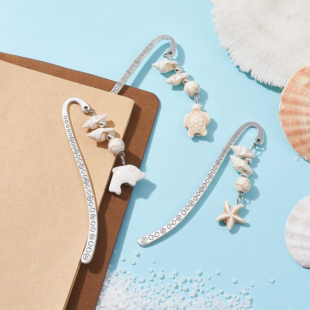 CRASPIRE 6Pcs Ocean Metal Bookmarks Starfish Dolphin Turtle Alloy Wave Shaped Vintage Summer Antique Silver Turquoise Beads Gemstone Beading Pendant Tassel for Book Lovers Teacher Student Birthday