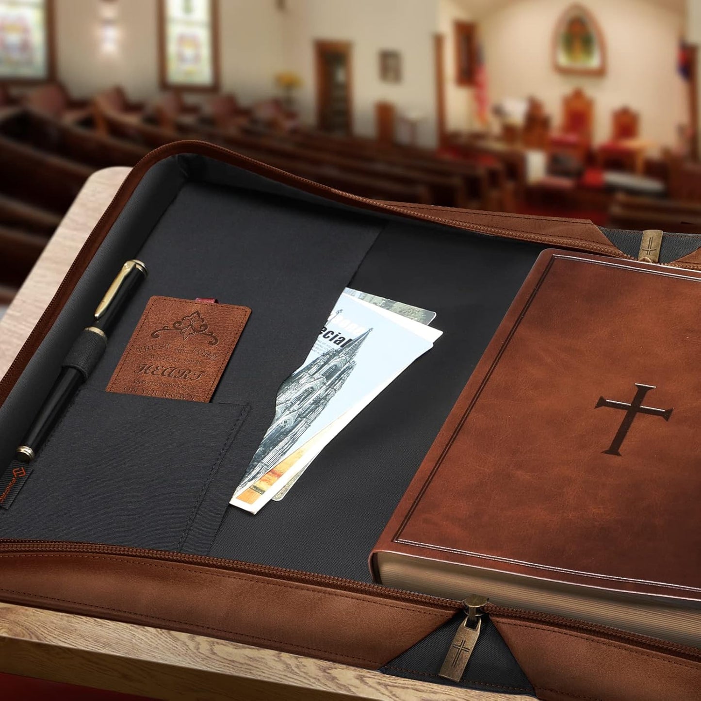 FINPAC Large Classic Bible Cover Vegan Leather Carrying Book Case Church Bag Bible Protective with Handle, Gift for Men, Women, Father, Mother, Friends, Bronze