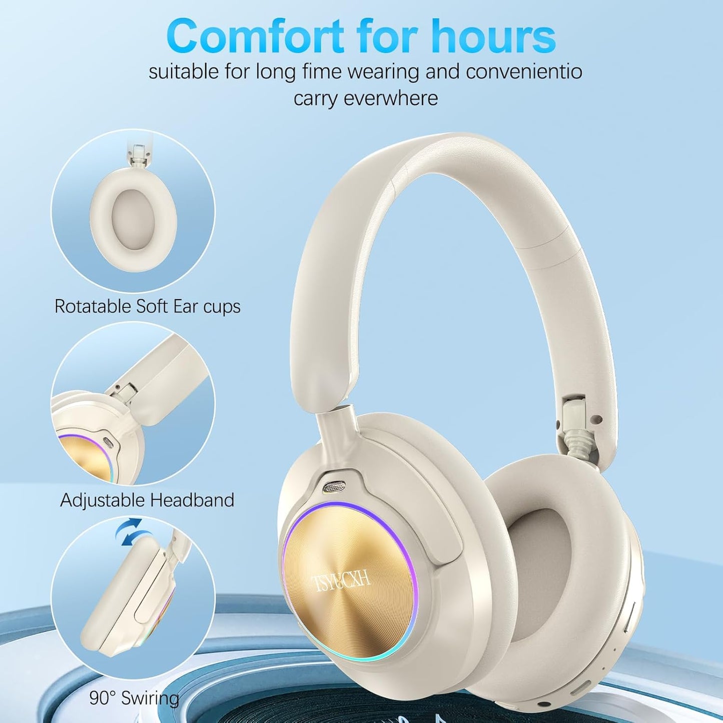 Noise Cancelling Over Ear Wireless Bluetooth Headphones with Microphone, 65h Playtime, Clear Calls, Comfort Fit for Travel (Beige)