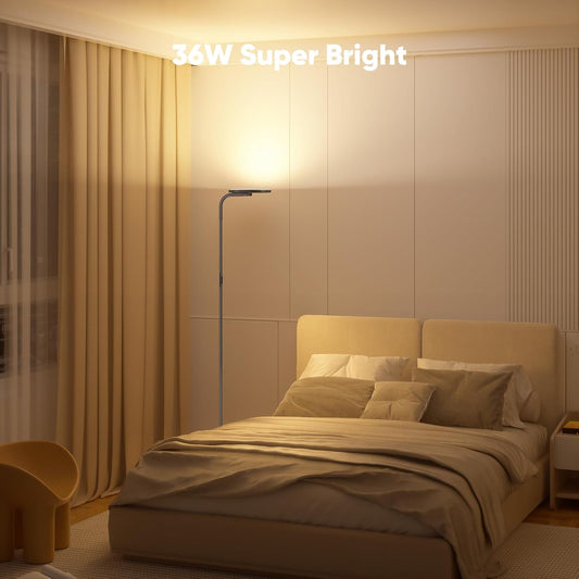 36W LED Floor Lamp, Super Bright Standing Lamp, Modern Stepless Dimmable Torchiere Tall Lamp with Remote Control, 350°Rotating Head Reading Floor Lamp for Living Room, Bedroom, Office