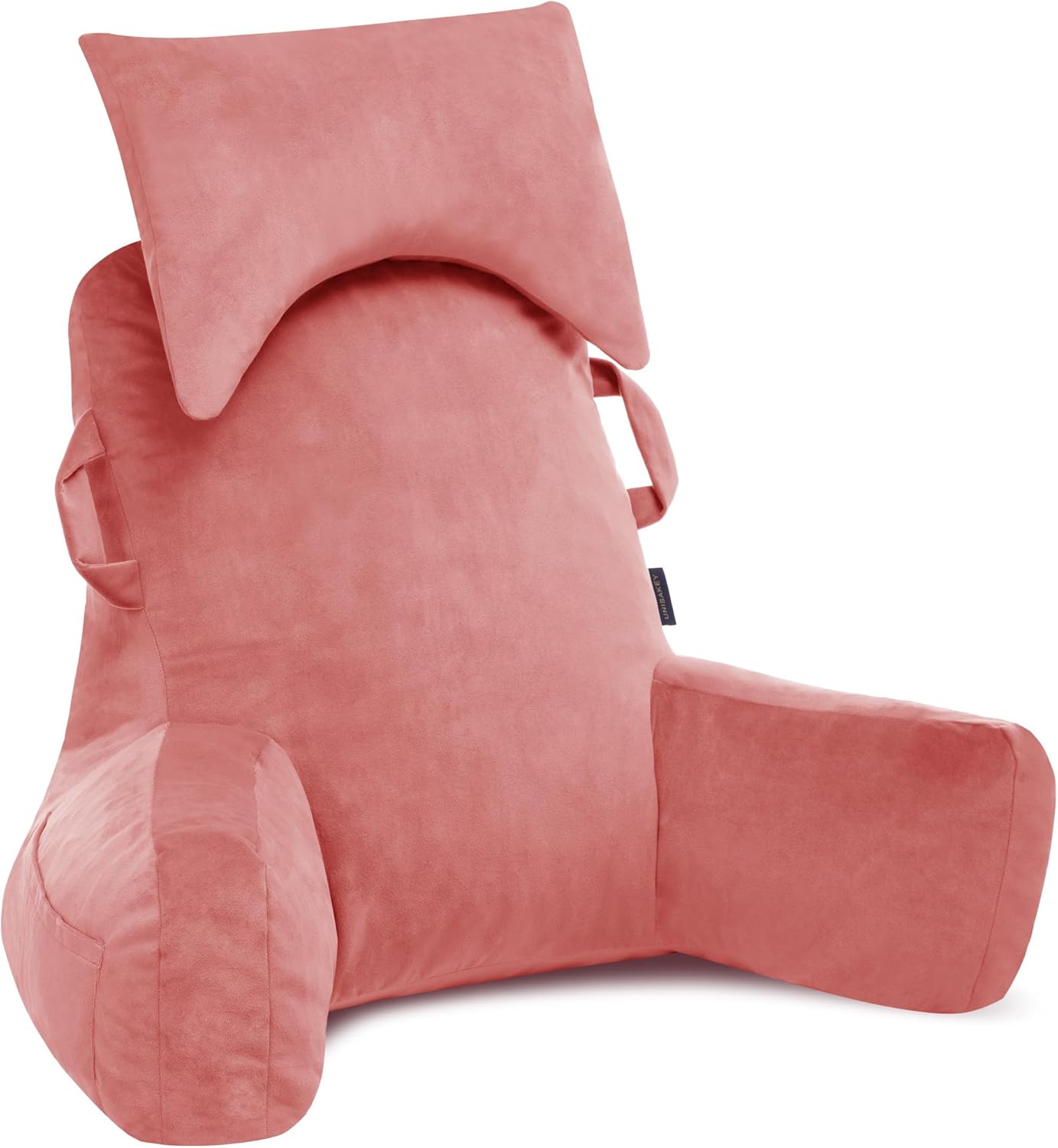 Portable Reading Pillows with Headrest for Bed Sitting Up(Dark Pink Oeko-Tex), Velvet Back Pillow with Arms & Pockets for Adults, Support Memory Foam Bed Pillow for Dorm/Watching/Gaming