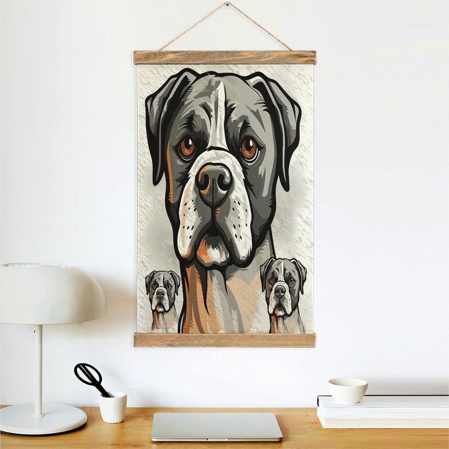 Vintage American Bulldog Head Poster with Wooden Frame Personalized Linen Hanging Scroll Painting Rustic Wall Hanging Illustrative Modern Artwork Decor for Home Living Room Bedroom Office