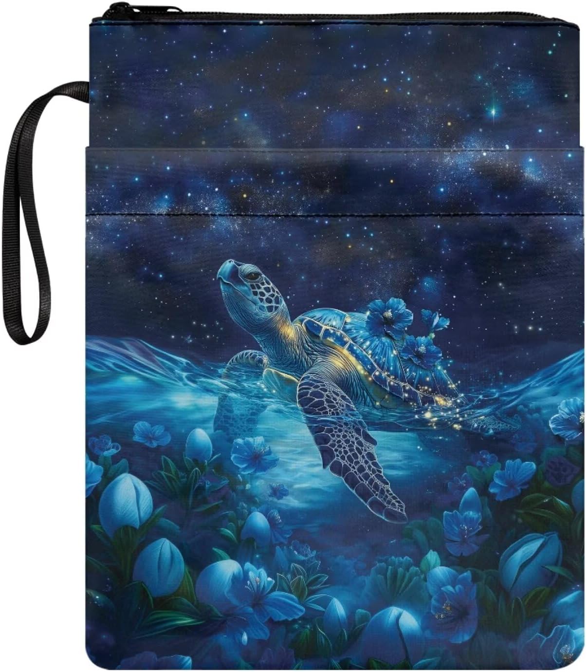 Book Sleeve for Hardcover Paperback Book Cover with Zipper and Rope Blue Floral Turtle Starry Print Bible Bag for Women Men Storage Pouch Puse for Outdoor Study