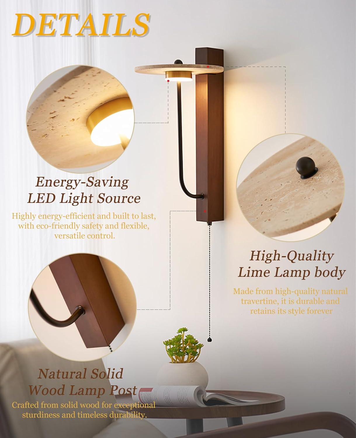 Yellow Travertine Wall Sconce, 15.7" Japanese Vintage Wabi Sabi Light Fixture with Natural Stone Lampshade Pull Cord Switch Wood Base, Art Deco Wall Sconces for Bedside Bedroom Kitchen Island
