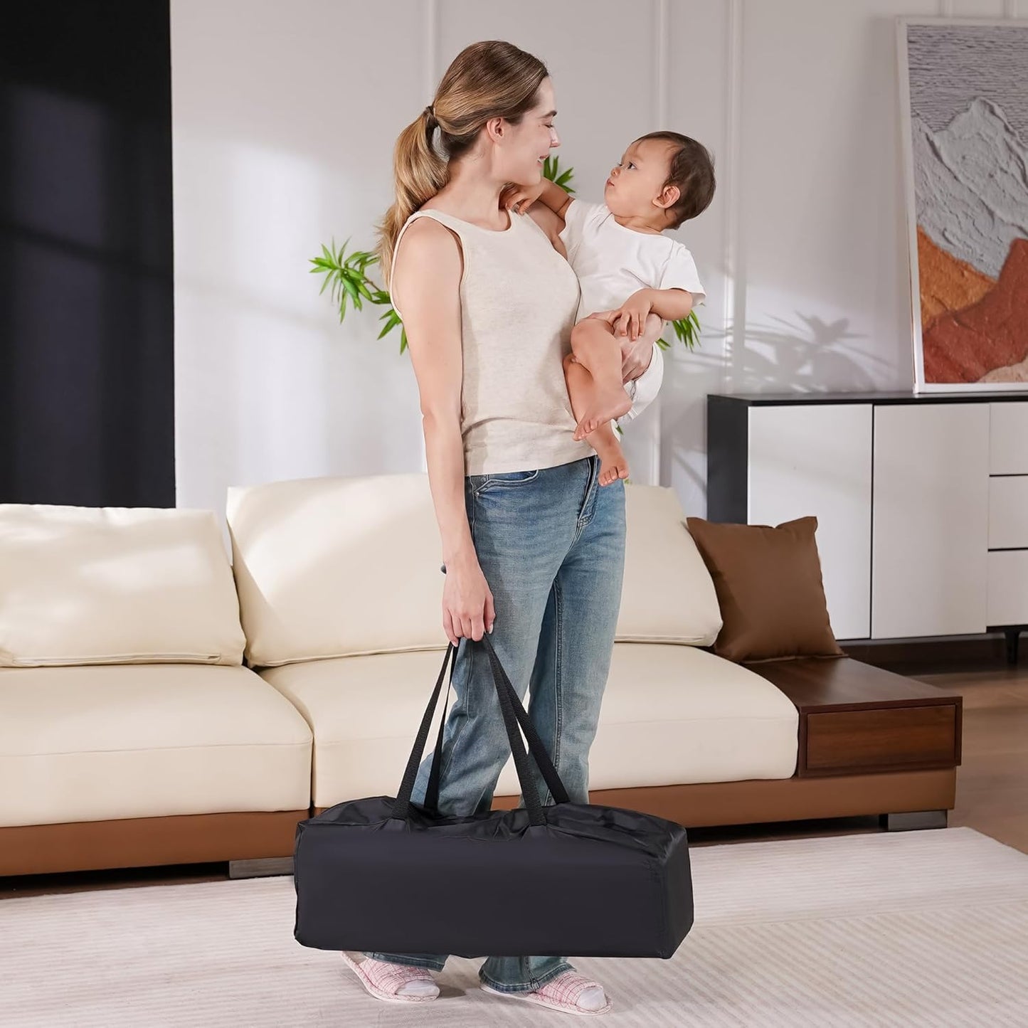 Pamo Babe Compact Pack and Play - Portable Crib for Baby, Lightweight Foldable Travel Playard with Mattress Pad & Carry Bag, Safe Breathable Travel Bed for Home, Trips & Family Visits, Black