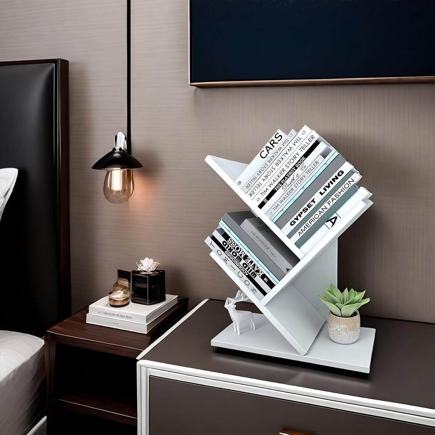 Godferyxin Tree Bookshelf, 3-Tier Small Book Shelf for Desk – Wood Bookcase with Storage Shelves, Compact Shelf for Living Room, Bedroom, or Home Office, White Finish, Holds Books, CDs, and Magazines