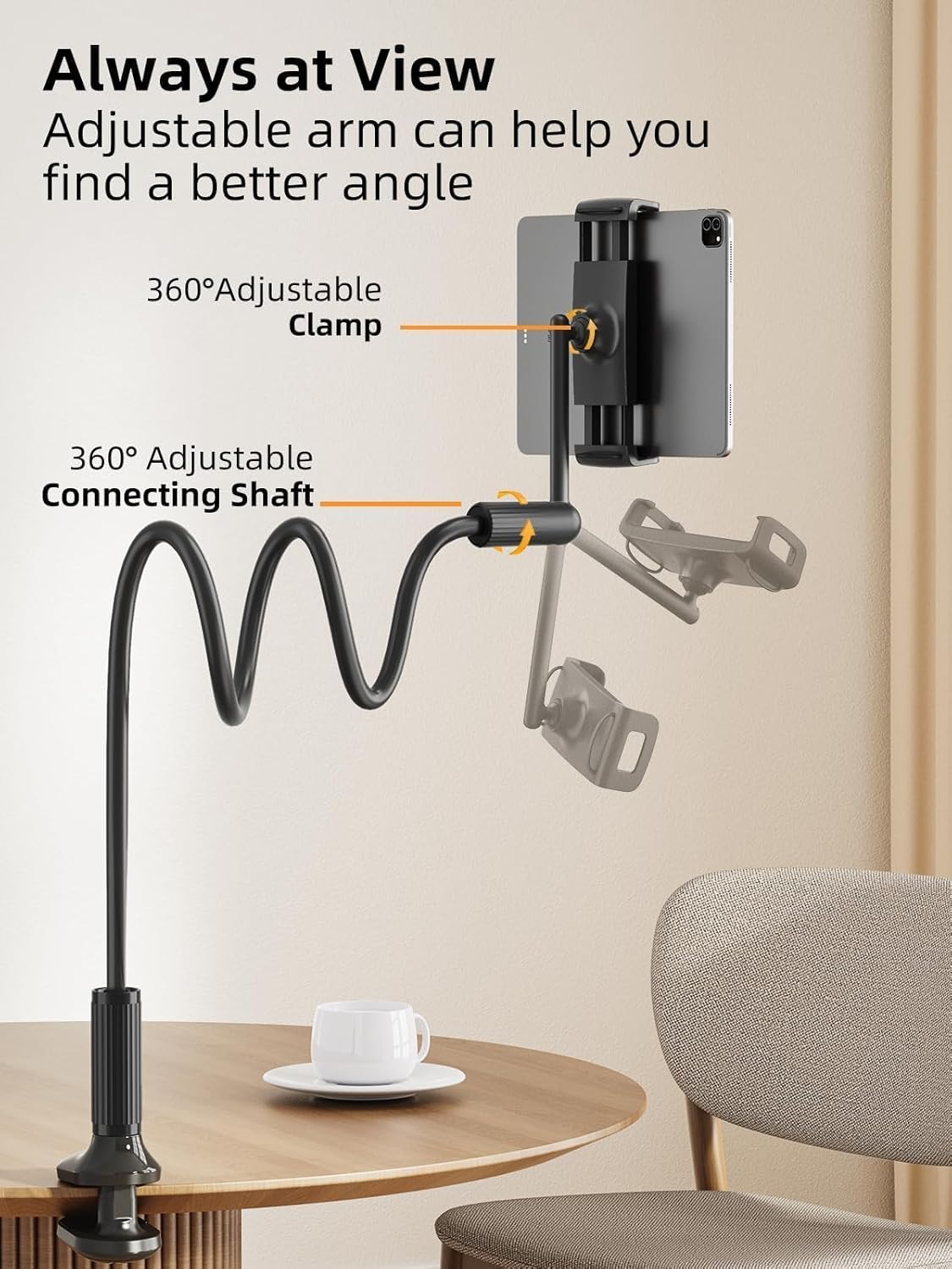 SAIJI 47" Gooseneck Kindle Holder, Tablet Holder for Bed with Upgraded Base, iPad Stand with Flexible Lazy Arm, Compatible with iPad mini Pro Air, Kindle, Galaxy or Other 4.7-11" Device (Black)