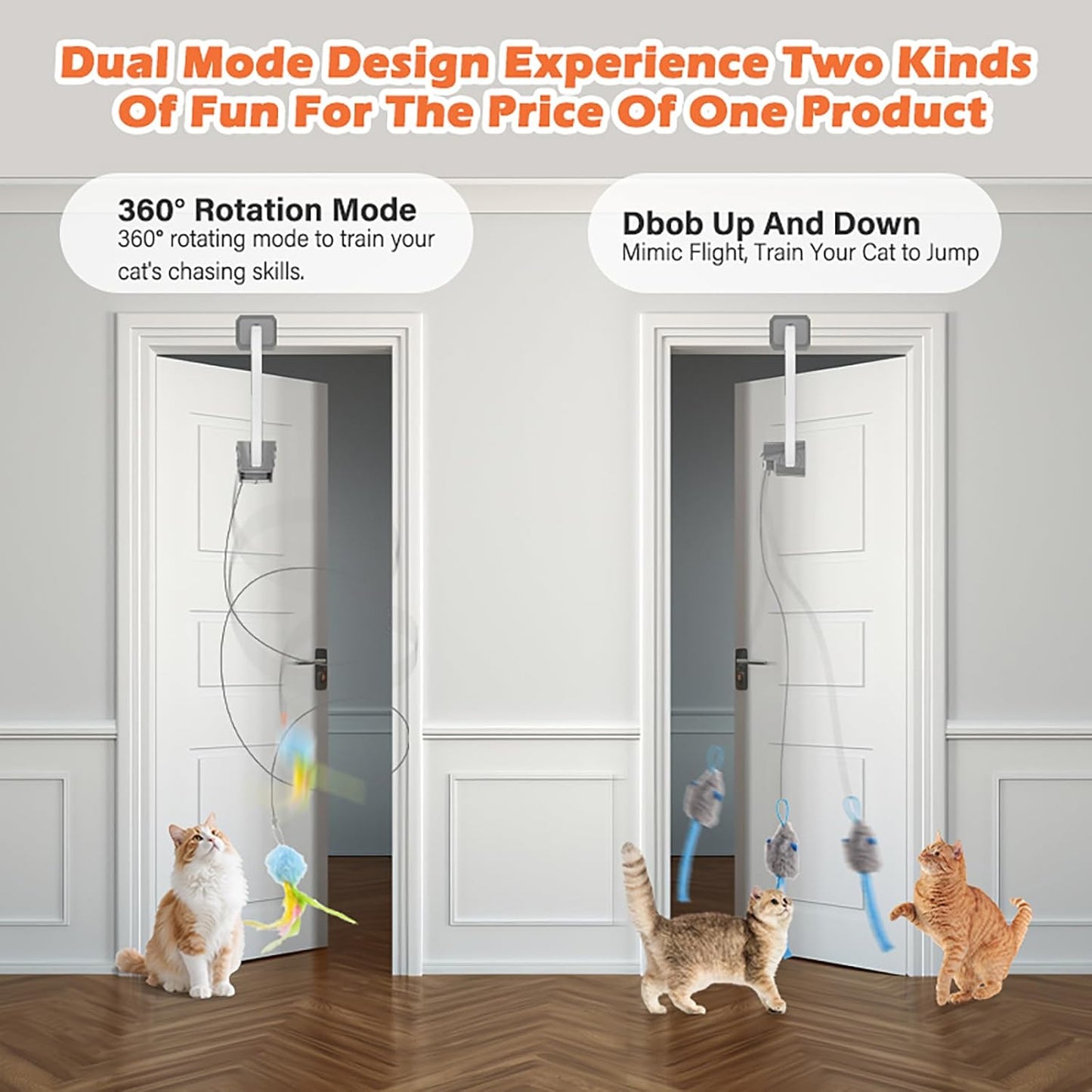 Rechargeable Electric Cat Teaser with Remote – Interactive Door Clip Teaser for Cats, 2 Motion Modes (360° Spin & Irregular Jumping), Smart Auto Cat Toy for Exercise & Fun (Gray)