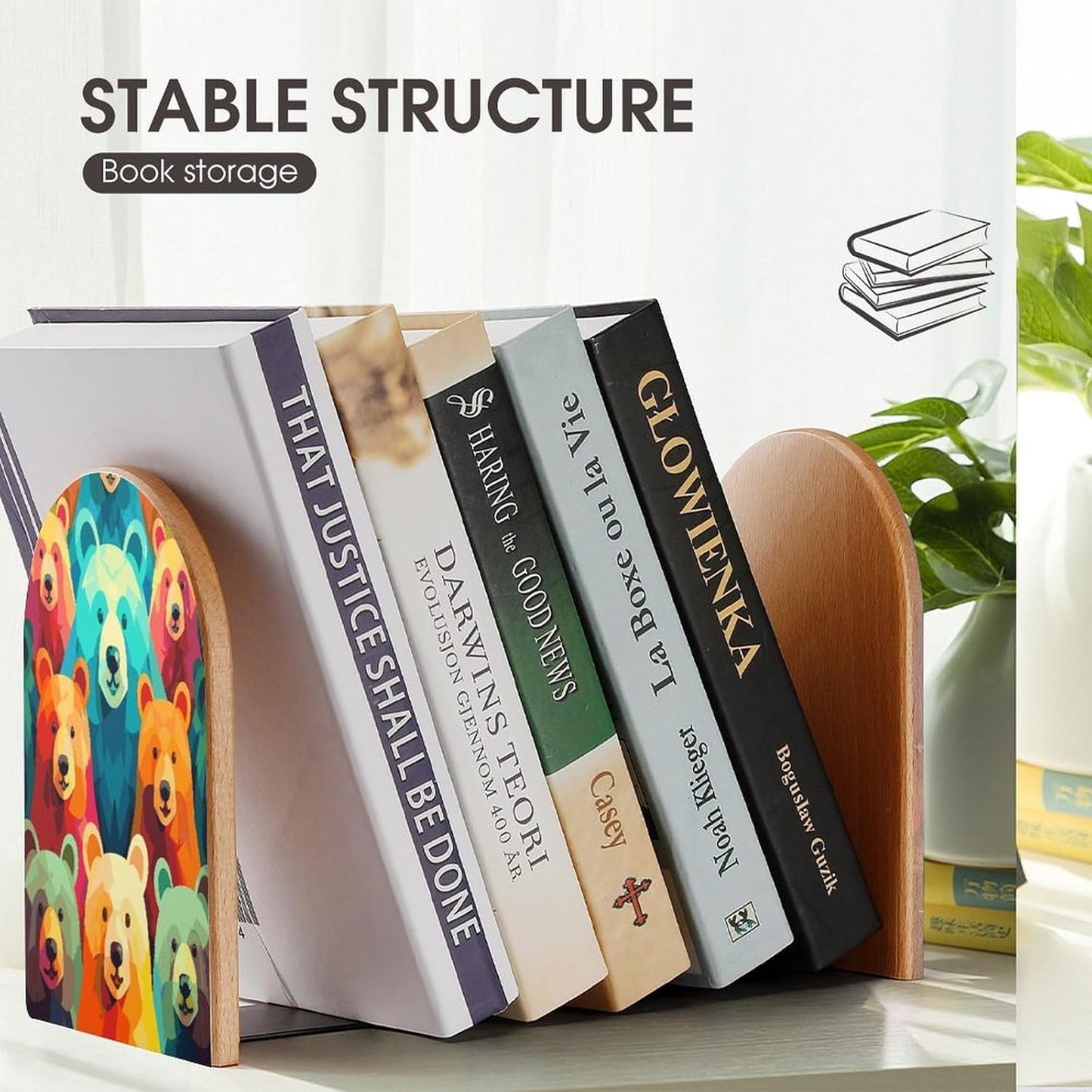 Non-Slip Bookend for Shelves Colorful Bears Wooden Bookends with Metal Base Decorative Book Stopper for Home Heavy Duty Wood Book Storage for Books/CDs
