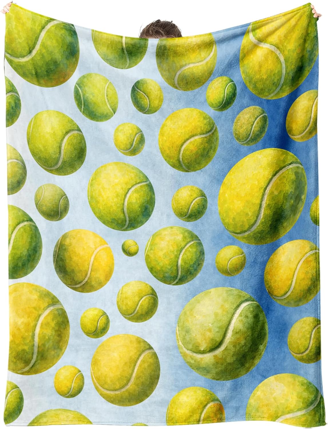 Tennis Ball Blanket Throw 50x60 Soft Flannel Fleece - Watercolor Blue Pattern Cozy Sofa Bed Dorm Decor - Gift for Player Coach, Senior Night Team Present for Women Men Girls