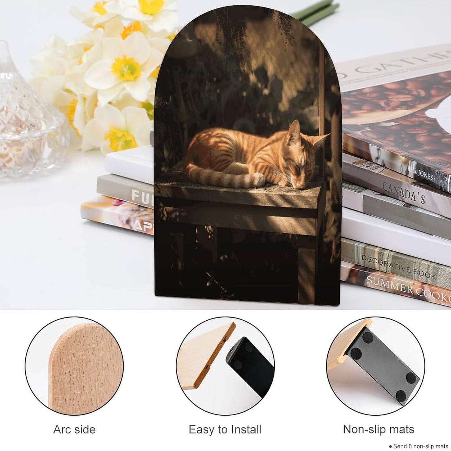 Orange Cat Sleeping Bookend for Shelves Wooden Book End Large Size Sturdy Book Holders Stoppers with Metal Base for Bookshelves Slick Decorative Bookends Stands