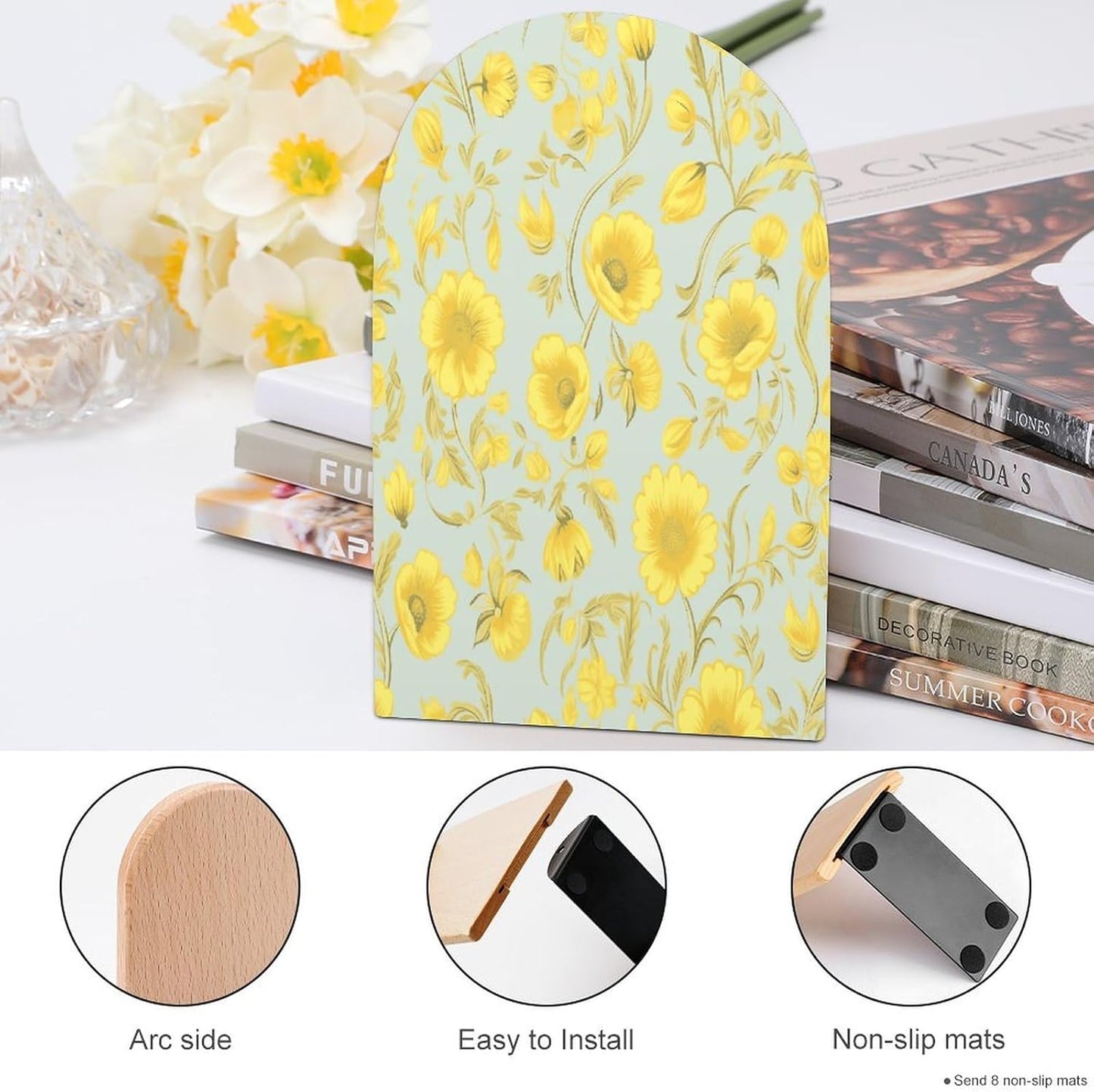 Yellow Flower Bookend for Shelves Wooden Book End Large Size Sturdy Book Holders Stoppers with Metal Base for Bookshelves Slick Decorative Bookends Stands