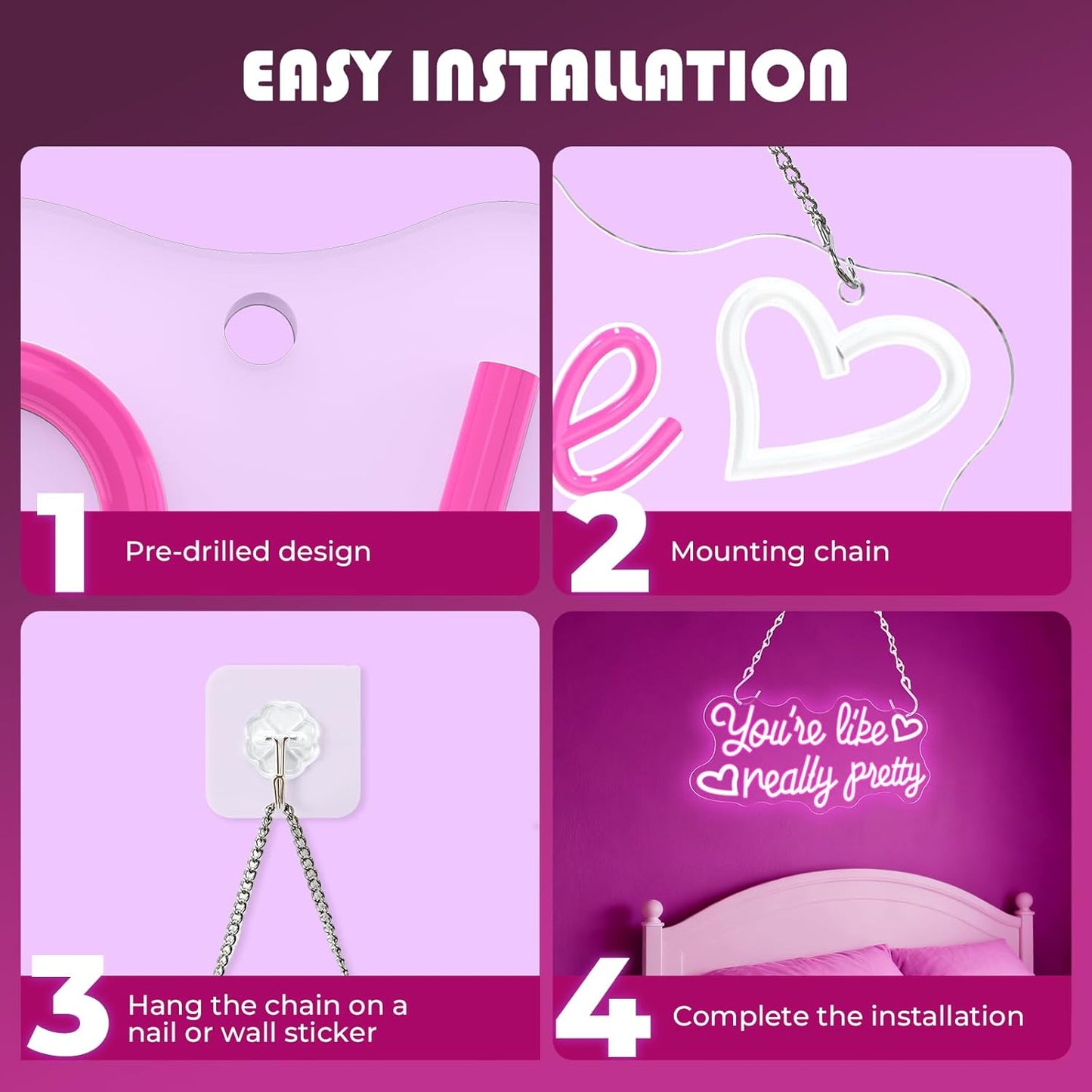 You're Like Really Pretty Neon Sign, 16.5 * 7.8 Inches Led Sign, Neon Signs for Wall Decor with Dimmable Switch, USB Power Light up Sign, Pink Neon Lights for Teen Girls Bedroom, Salon, Party