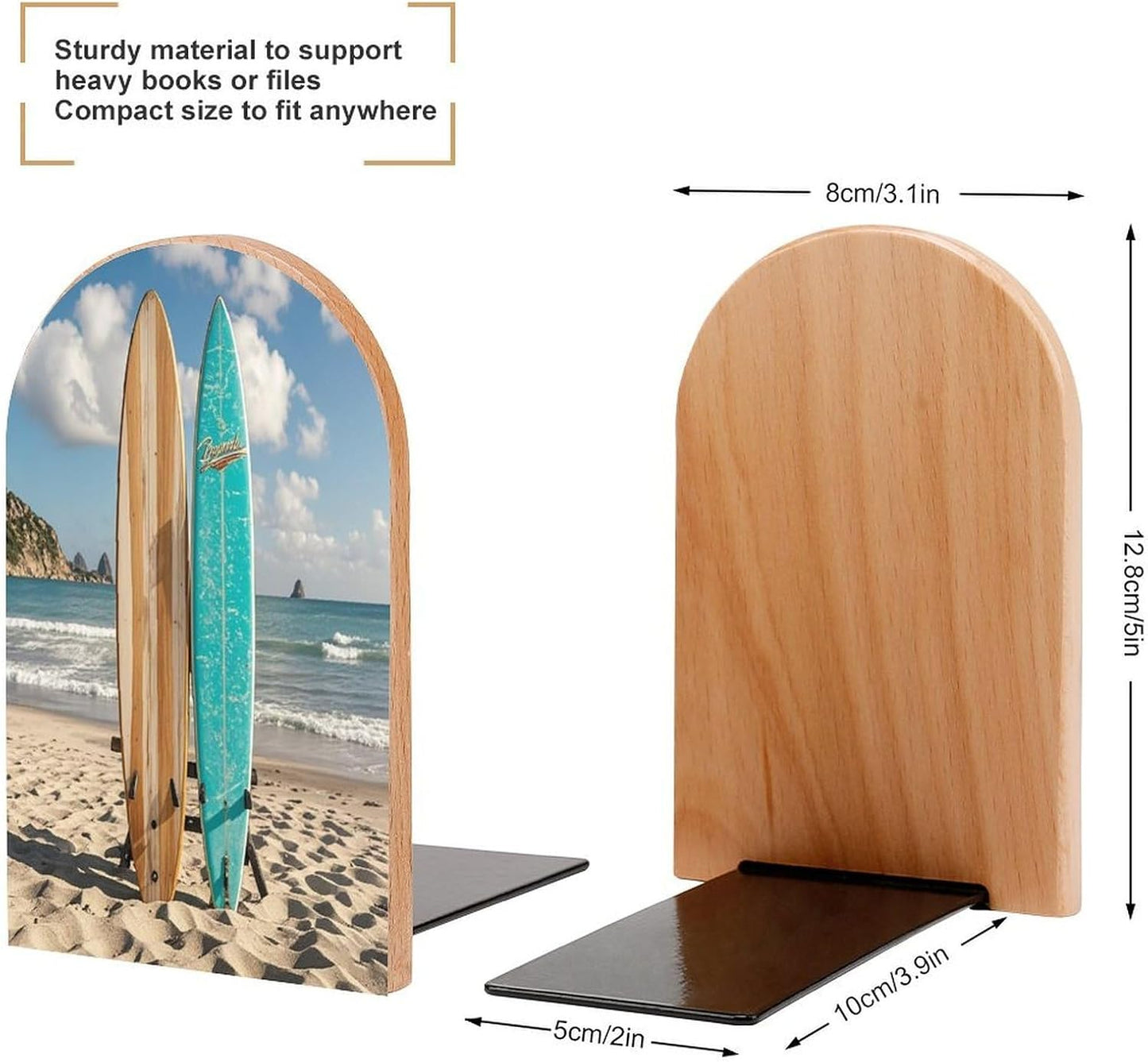 Vintage Turquoise Wood Surfboard Bookends 1 Pair Heavy Duty Book Ends for Shelves Non-Skid Bookend Supports Wooden Book Holders with Metal Base Desk Organizers Books Storage to Hold Books