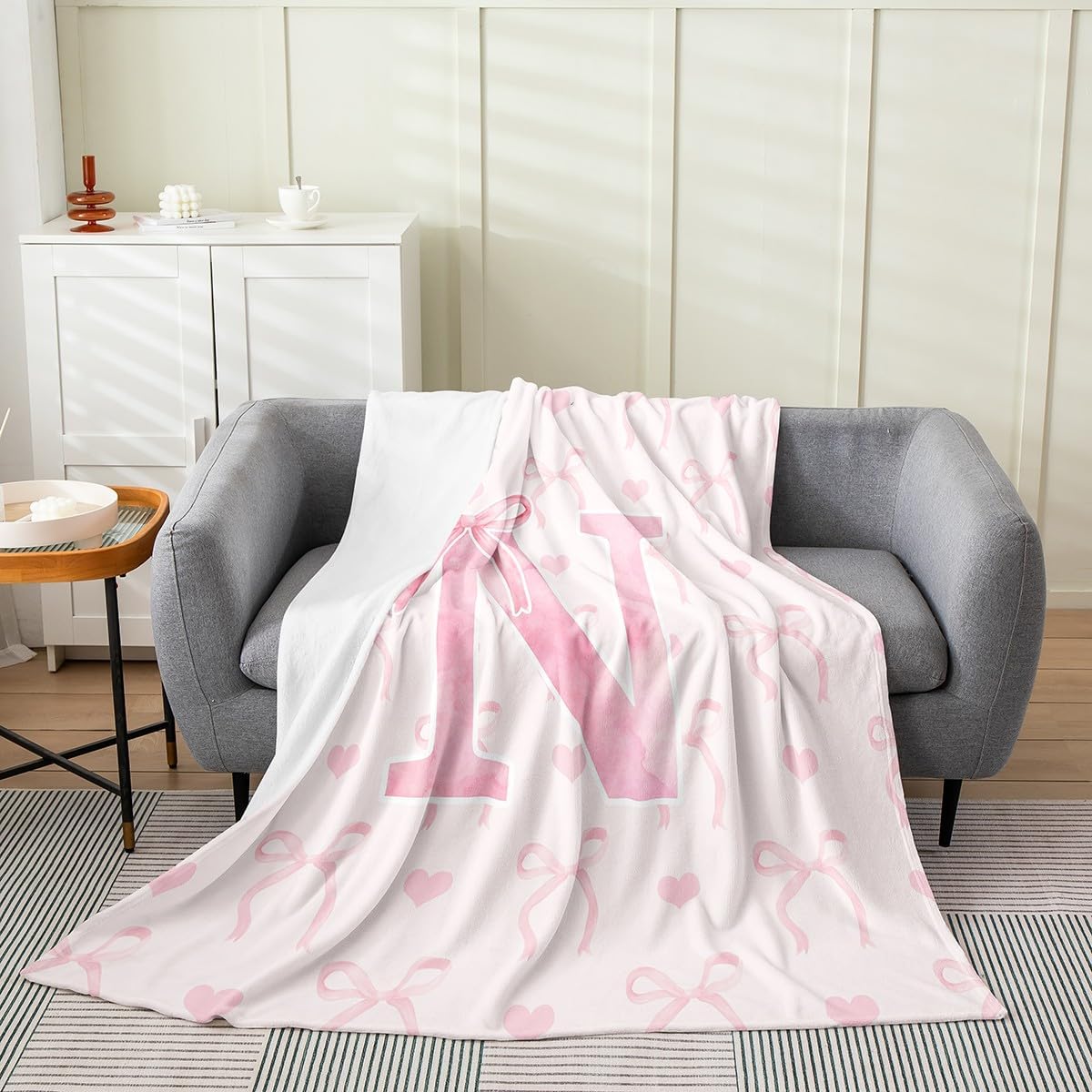 Erosebridal Initial Alphabet A-Z Fleece Throw Blanket 40x50 Inch for Girls Pink N Letter Flannel Blanket Girly Bowknot Room Decor Love Hearts Aesthetic Fairy Bedroom Decor