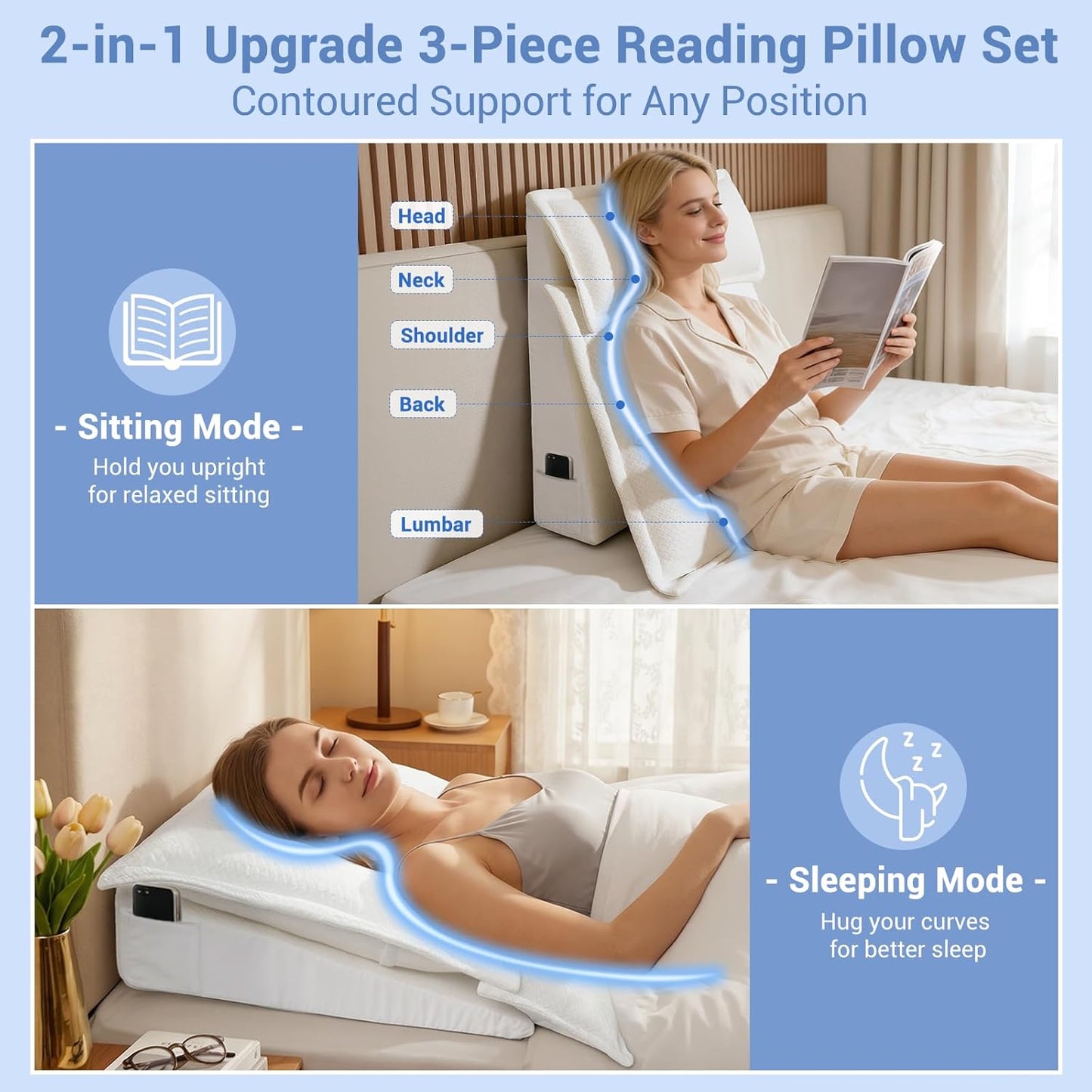 3PCS Bed Wedge Pillow Set for Sleeping, 10" Adjustable Triangle Pillow Wedges for Acid Reflux, Snoring, Back Pain Relief, After Surgery, Reading Pillow for Sitting in Bed Adult with Washable Cover