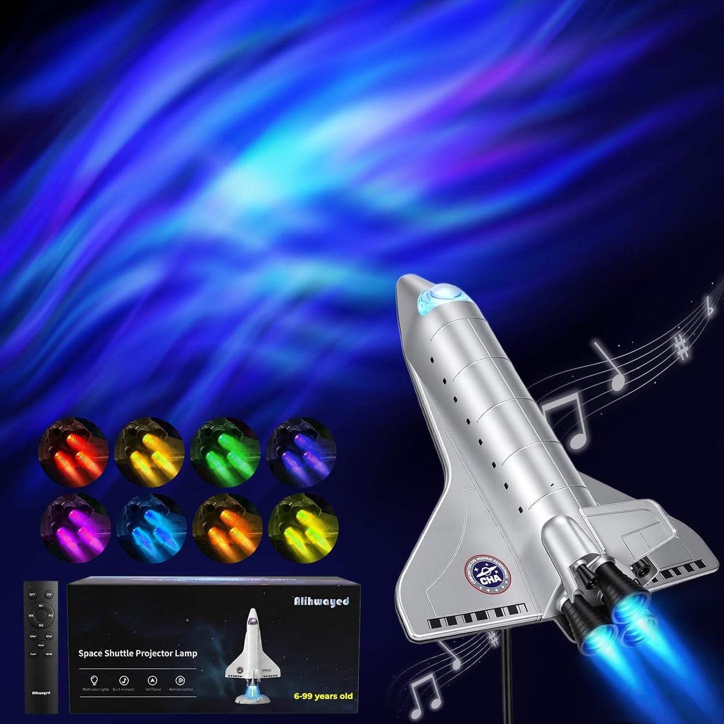Space Shuttle Projector Lamp, Dynamic Nebula Light, Galaxy Night Light with Colorful Tail Jet Flame & Multiple Scene Sound Effects, Metallic Texture for Bedroom, Birthday Kids and Adults