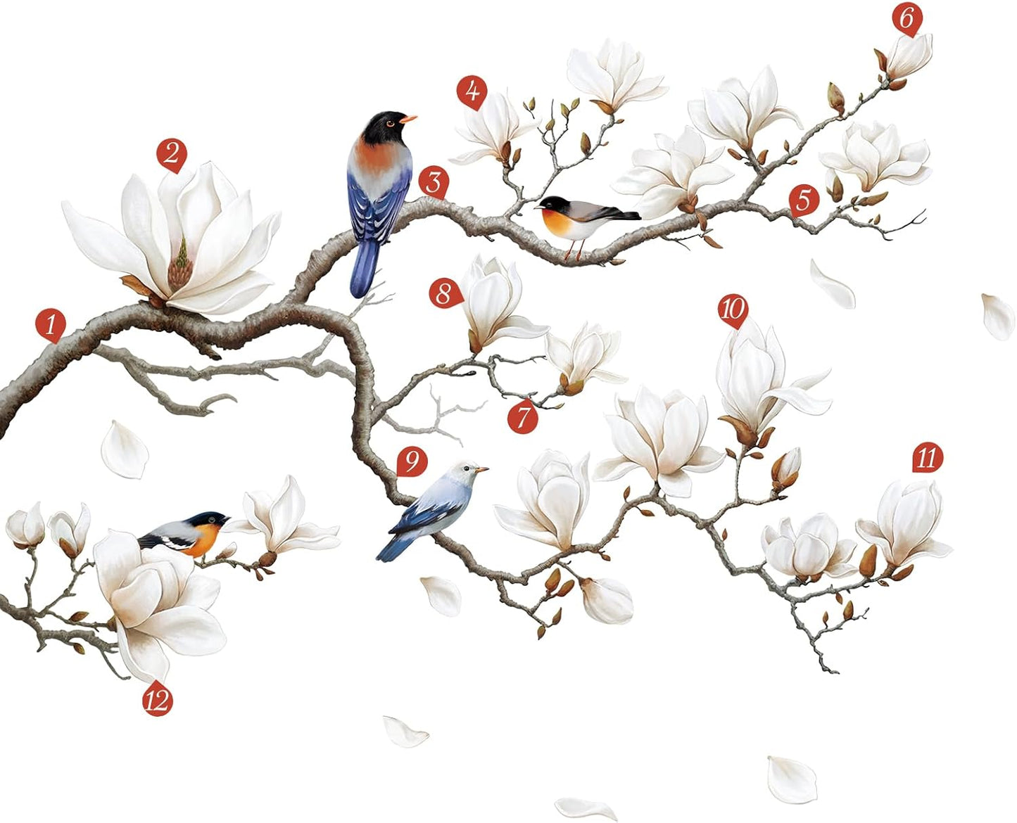 SHUCHING White Magnolia Tree Wall Decals Peel and Stick, Trees Flowers Wall Decor Stickers, White Branches Corner Wall Art(Left)