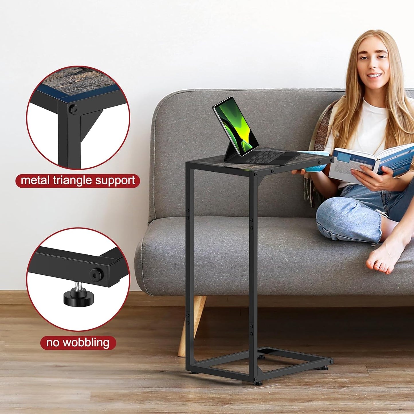 C Shaped End Table Living Room Set of 2 Tray Tables with Metal Frame for Small Spaces, Side Table for Couch Slide Under Sofa, Bedroom, Dark Gray