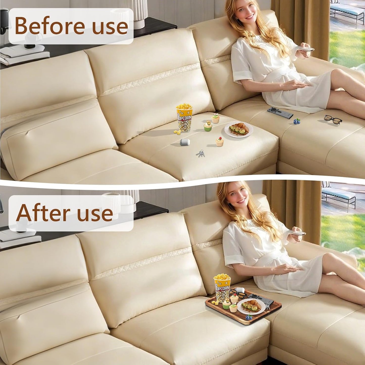 Sofa Tray, Solid Wood Tray Table Foldable, Couch Desk No Odor for Drinks Snacks Phone Remote Control (Square-Shaped)